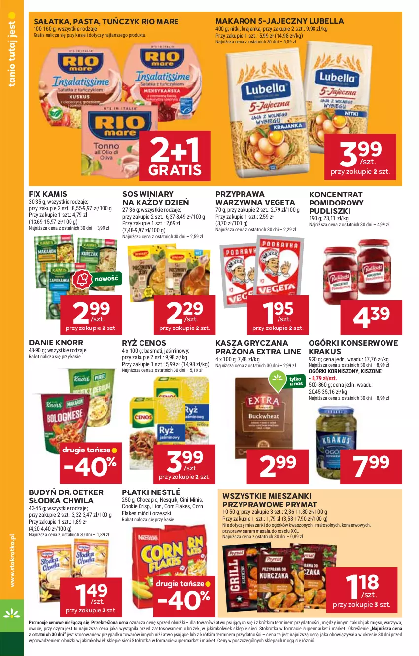 Gazetka promocyjna Stokrotka - Market - ważna 18.09 do 24.09.2025 - strona 16 - produkty: Bell, Bella, Budyń, Cenos, Corn flakes, Dr. Oetker, Gra, Gry, Kamis, Kasza, Kasza gryczana, Knorr, Koncentrat pomidorowy, Korniszony, Krakus, Lion, Lubella, Makaron, Mięso, Miód, Nesquik, Nestlé, Ogórki konserwowe, Orzeszki, Owoce, Prymat, Przyprawy, Pudliszki, Rio Mare, Ryż, Sałat, Sałatka, Ser, Słodka Chwila, Sos, Tuńczyk, Vegeta, Warzywa, Winiary