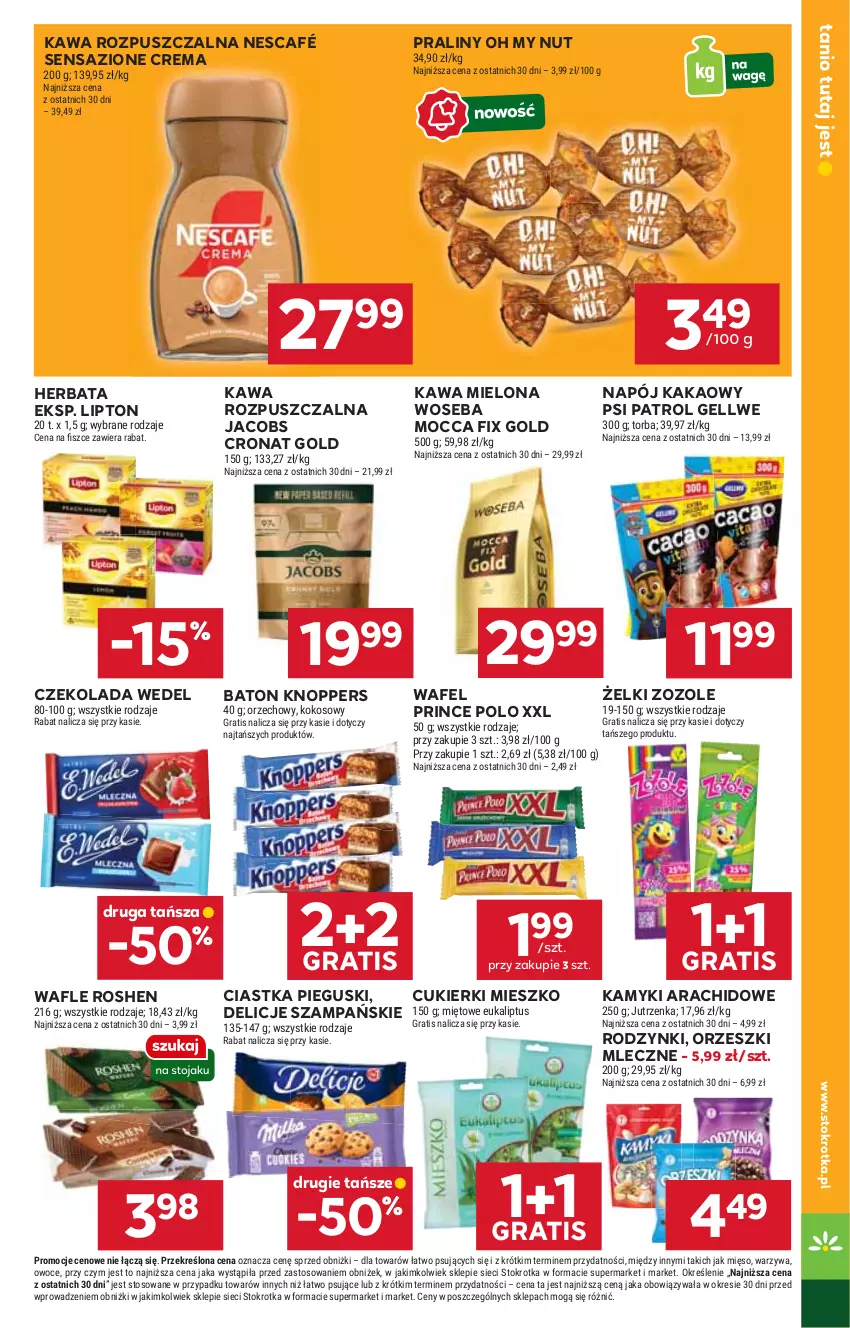 Gazetka promocyjna Stokrotka - Market - ważna 18.09 do 24.09.2025 - strona 17 - produkty: Baton, Ciastka, Cukier, Cukierki, Czekolada, Delicje, Gra, Herbata, Jacobs, Jutrzenka, Kakao, Kamyki arachidowe, Kawa, Kawa mielona, Kawa rozpuszczalna, Knoppers, Kokos, Lipton, Mięso, Mocca Fix Gold, Napój, Nescafé, Orzeszki, Owoce, Praliny, Prince Polo, Psi Patrol, Rodzynki, Torba, Wafle, Warzywa, Woseba