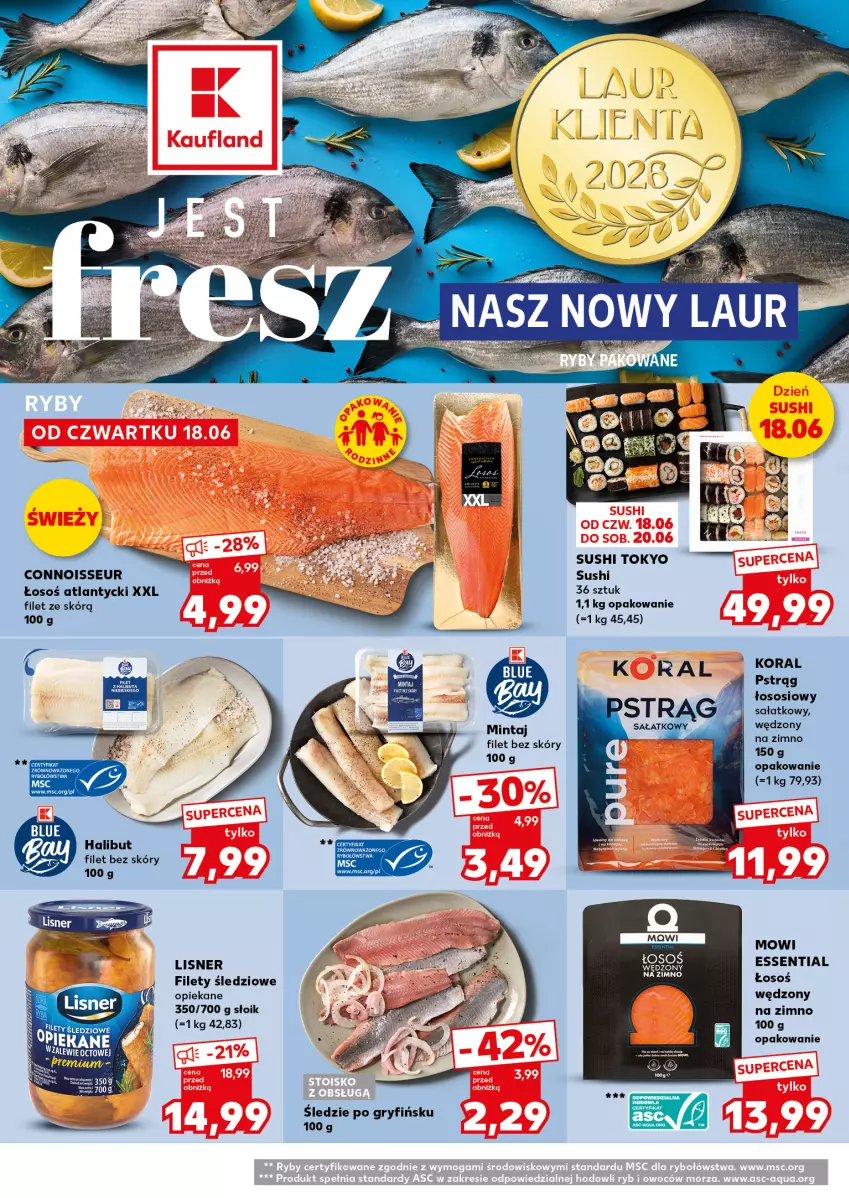 Gazetka promocyjna Kaufland - Mocny Start - ważna 22.06 do 24.06.2026 - strona 18 - produkty: Gry, Halibut, Laur, Lisner, Mintaj, Pstrąg, Sałat, Sos, Sushi