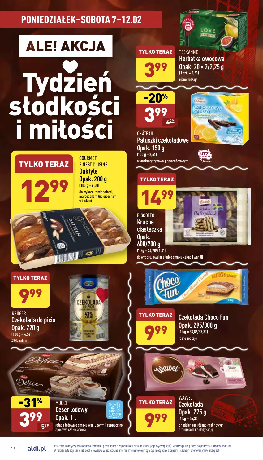 Gazetka promocyjna Aldi - Katalog spożywczy - ważna 07.02 do 12.02.2022 - strona 16 - produkty: Cappuccino, Czekolada, Daktyle, Deser, Kakao, Rolada, Róża, Ser, Teekanne, Tera, Wawel