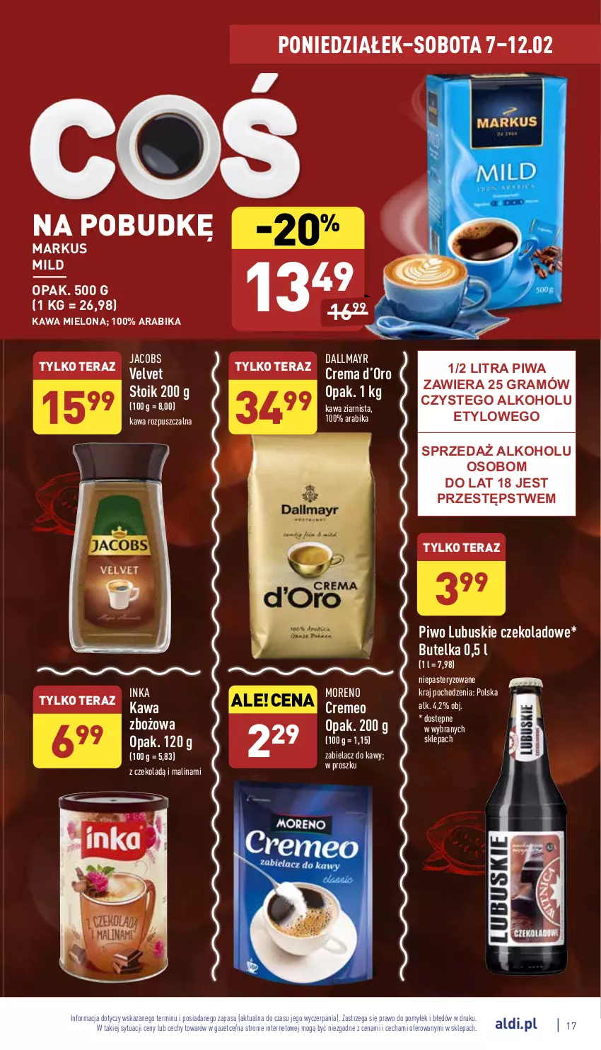 Gazetka promocyjna Aldi - Katalog spożywczy - ważna 07.02 do 12.02.2022 - strona 17 - produkty: Dallmayr, Gra, Inka, Jacobs, Jacobs Velvet, Kawa, Kawa mielona, Kawa rozpuszczalna, Kawa zbożowa, Kawa ziarnista, Piwa, Piwo, Tera, Velvet