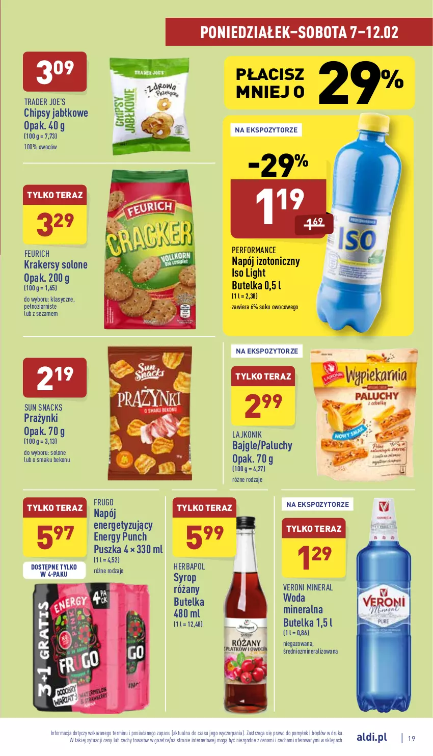 Gazetka promocyjna Aldi - Katalog spożywczy - ważna 07.02 do 12.02.2022 - strona 19 - produkty: Bajgle, Beko, Chipsy, Herbapol, Krakersy, Lajkonik, Napój, Napój izotoniczny, Róża, Sezam, Sok, Syrop, Tera, Woda, Woda mineralna