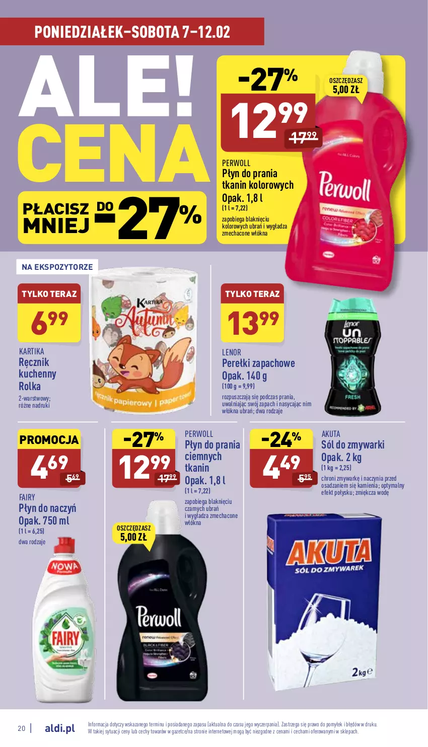 Gazetka promocyjna Aldi - Katalog spożywczy - ważna 07.02 do 12.02.2022 - strona 20 - produkty: Fa, Fairy, Lenor, Perełki zapachowe, Perwoll, Płyn do prania, Ręcznik, Ręcznik kuchenny, Sól, Tera, Zmywarki