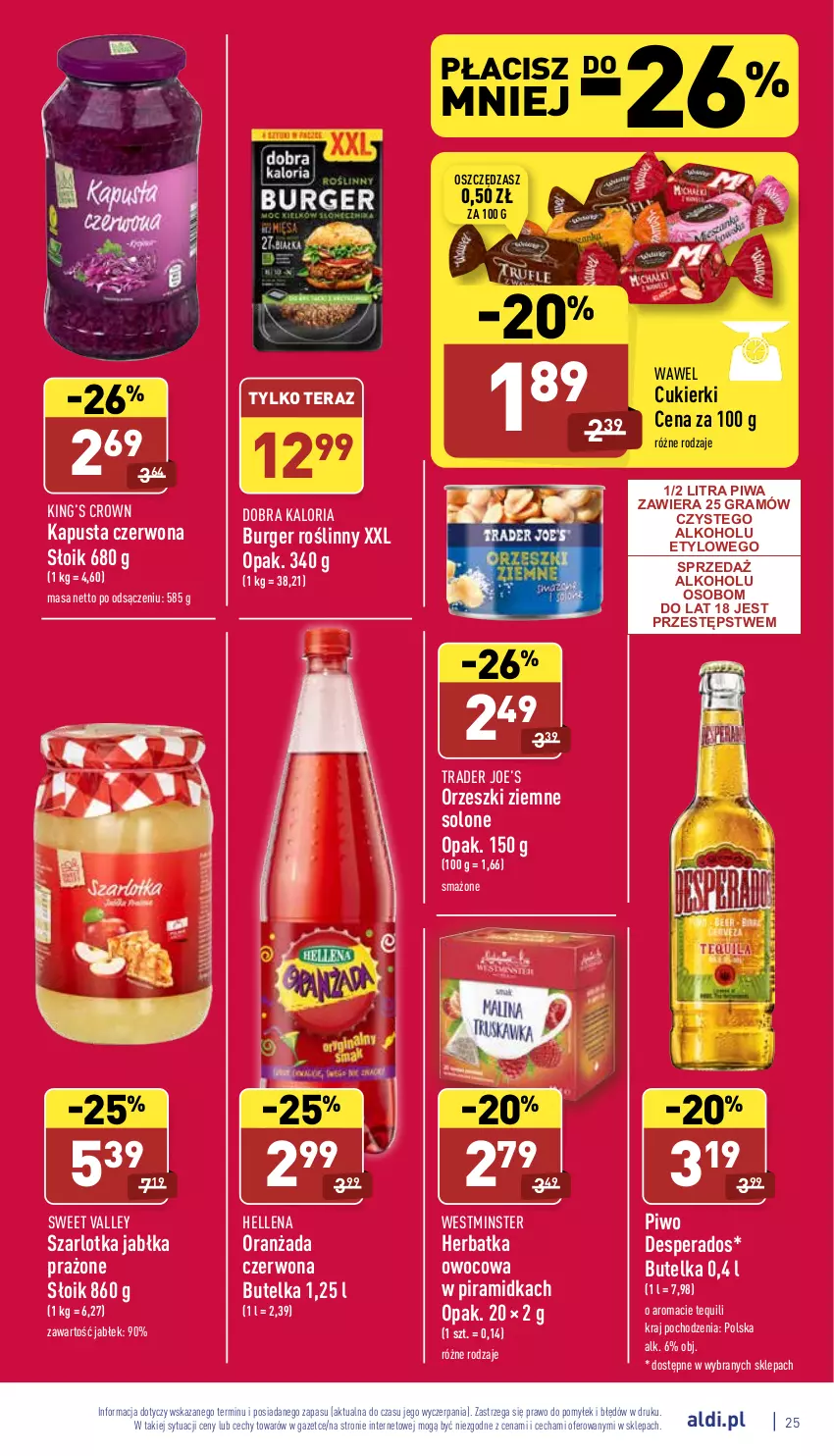 Gazetka promocyjna Aldi - Katalog spożywczy - ważna 07.02 do 12.02.2022 - strona 25 - produkty: Burger, Cukier, Cukierki, Desperados, Gra, Hellena, Jabłka, Jabłka prażone, King’s Crown, Oranżada, Orzeszki, Orzeszki ziemne, Piwa, Piwo, Szarlotka, Tera, Wawel