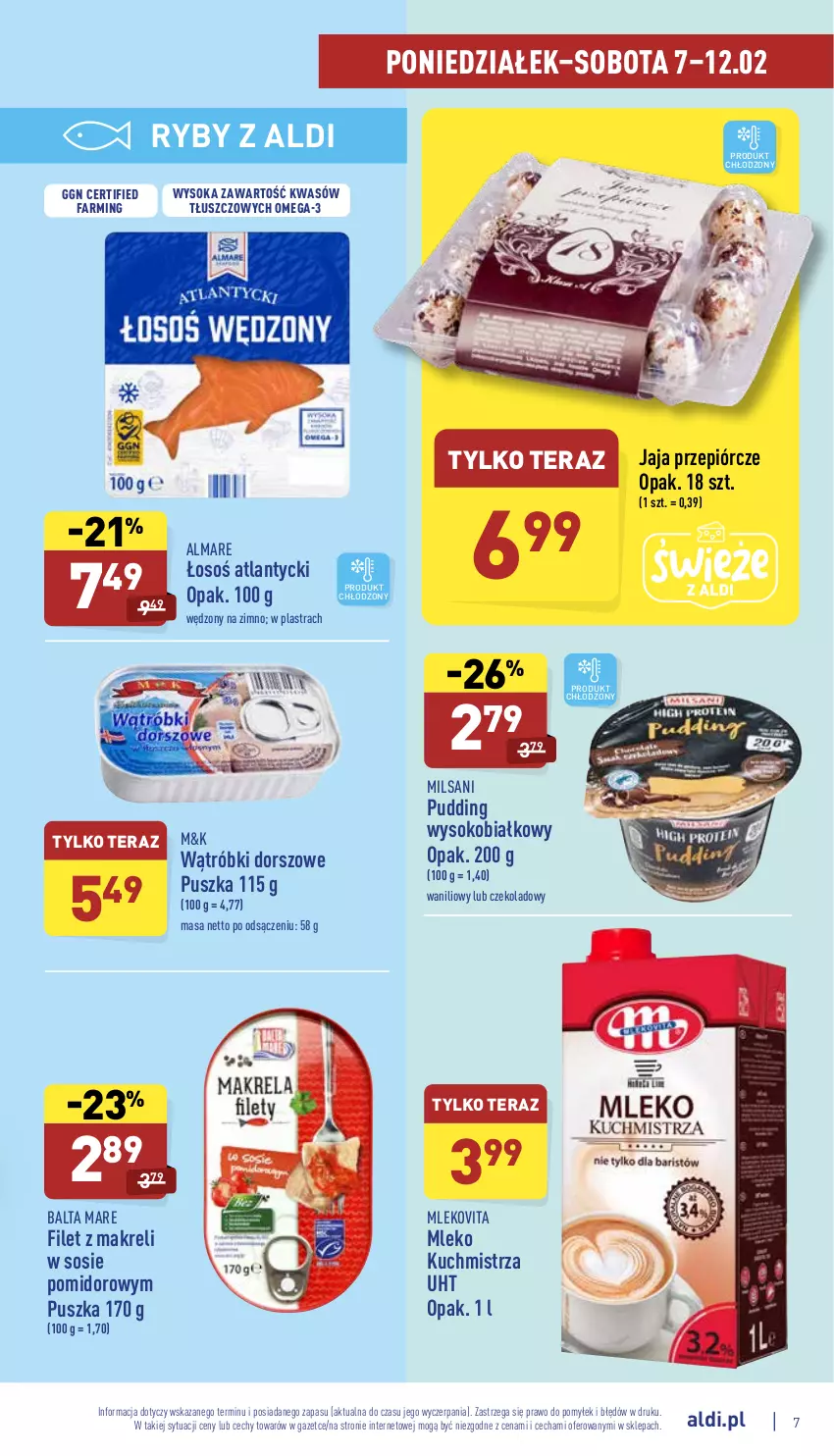 Gazetka promocyjna Aldi - Katalog spożywczy - ważna 07.02 do 12.02.2022 - strona 7 - produkty: Balta Mare, Dorsz, Fa, Filet z makreli, Jaja, Mleko, Mlekovita, Omega-3, Pudding, Sok, Sos, Tera