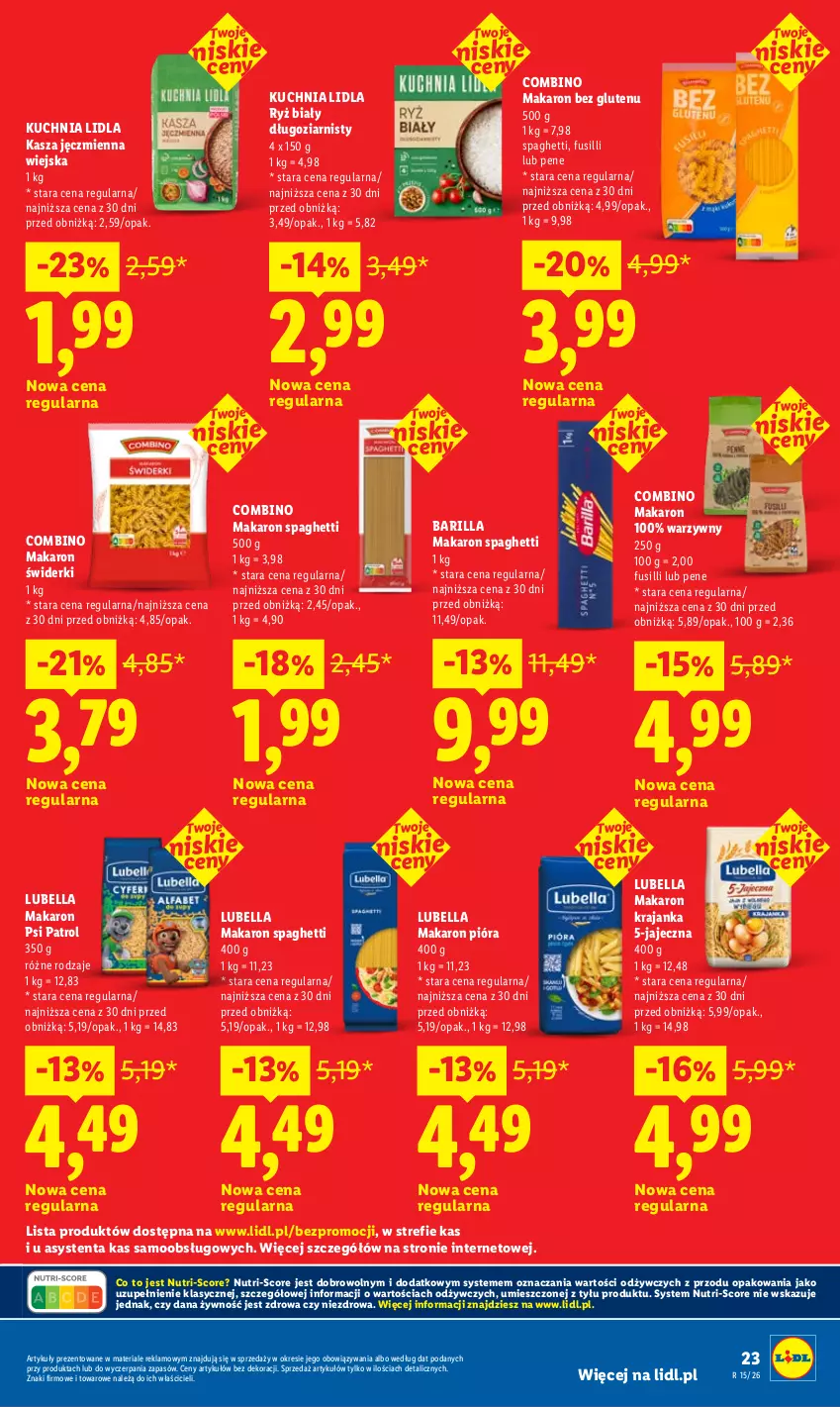 Gazetka promocyjna Lidl - Gazetka ważna od 9.04 do 11.04 - ważna 09.04 do 11.04.2026 - strona 23 - produkty: Barilla, Bell, Bella, Kasza, Kasza jęczmienna, Kuchnia, Lubella, Makaron, Psi Patrol, Ryż, Ryż biały, Spaghetti