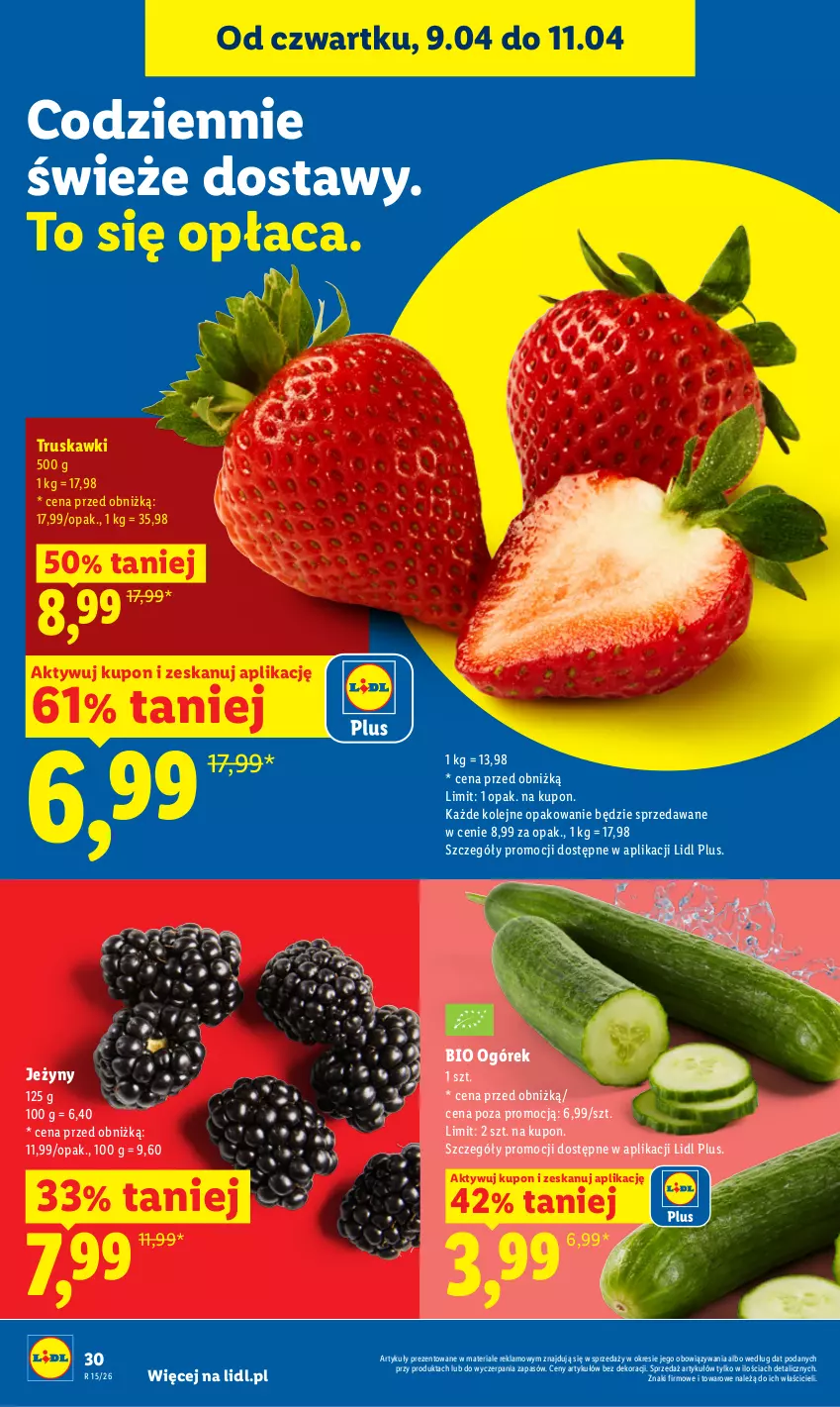 Gazetka promocyjna Lidl - Gazetka ważna od 9.04 do 11.04 - ważna 09.04 do 11.04.2026 - strona 28 - produkty: Jeżyny, Ogórek, Olej, Truskawki