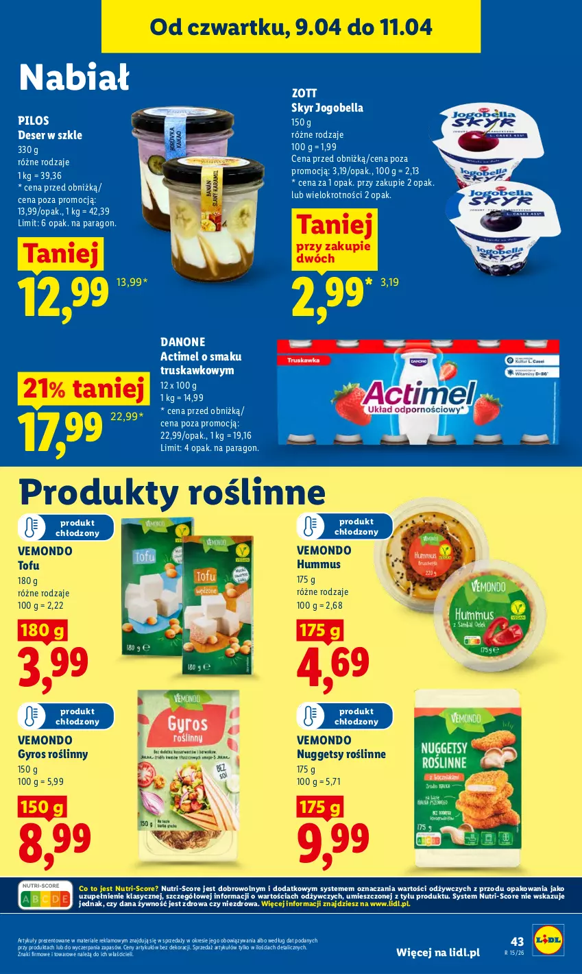 Gazetka promocyjna Lidl - Gazetka ważna od 9.04 do 11.04 - ważna 09.04 do 11.04.2026 - strona 41 - produkty: Actimel, Bell, Bella, Danone, Deser, Gyros, Hummus, Jogobella, Mus, Pilos, Ser, Tofu, Zott