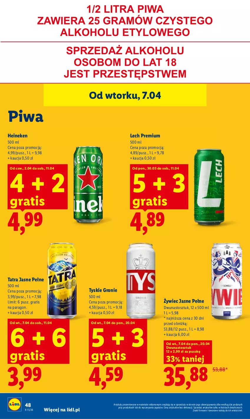 Gazetka promocyjna Lidl - Gazetka ważna od 9.04 do 11.04 - ważna 09.04 do 11.04.2026 - strona 48 - produkty: Gra, Heineken, Lech Premium, Piwa, Tatra, Tyskie