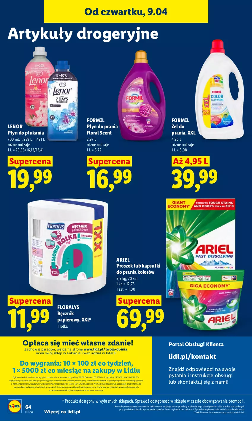 Gazetka promocyjna Lidl - Gazetka ważna od 9.04 do 11.04 - ważna 09.04 do 11.04.2026 - strona 64 - produkty: Ariel, Flora, Gra, Kapsułki do prania, Laur, Lenor, Mola, Papier, Płyn do płukania, Płyn do prania, Por, Portal, Ręcznik