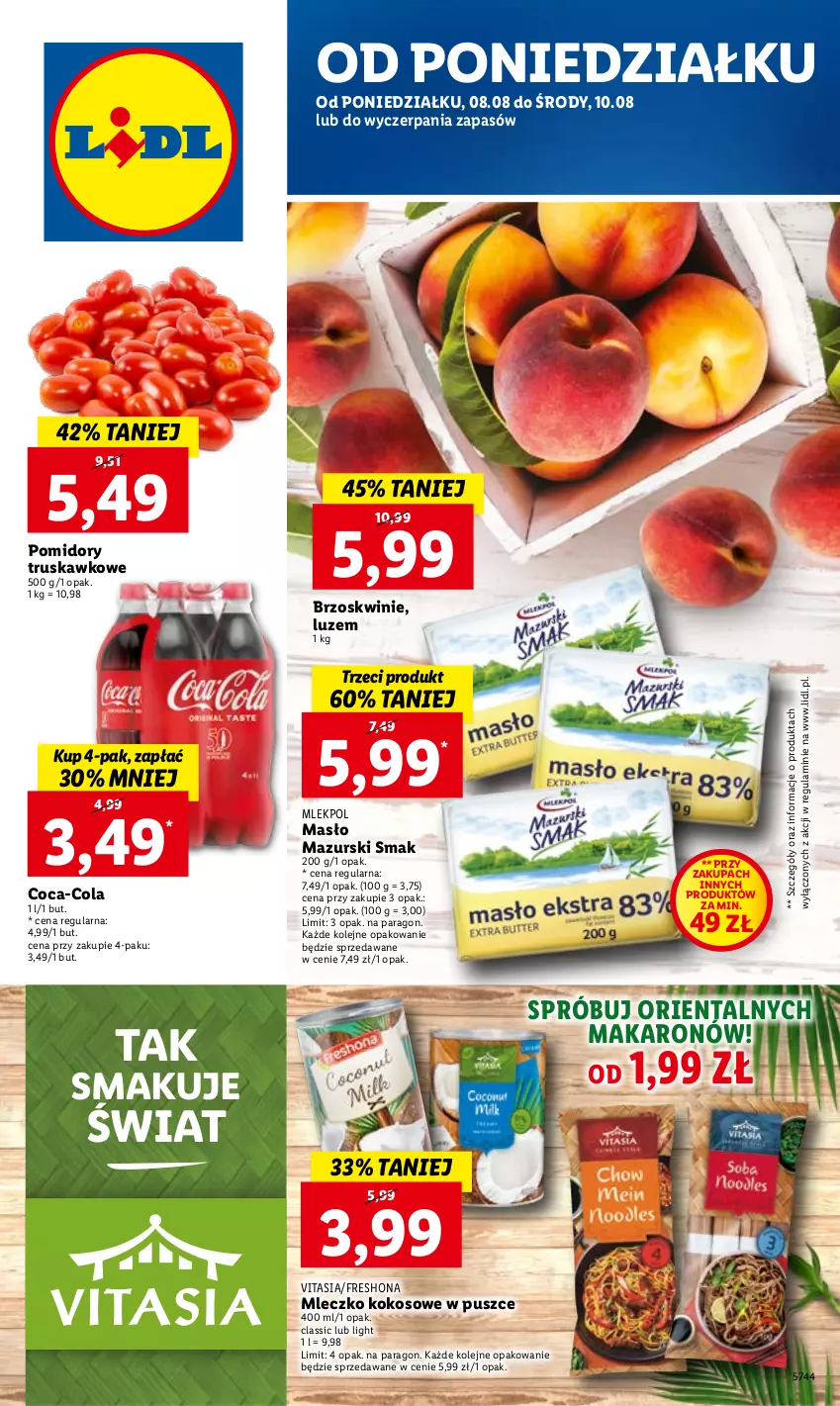 Gazetka promocyjna Lidl - GAZETKA - ważna 08.08 do 10.08.2022 - strona 1 - produkty: Brzoskwinie, Coca-Cola, Kokos, Makaron, Masło, Mleczko, Olej, Pomidory