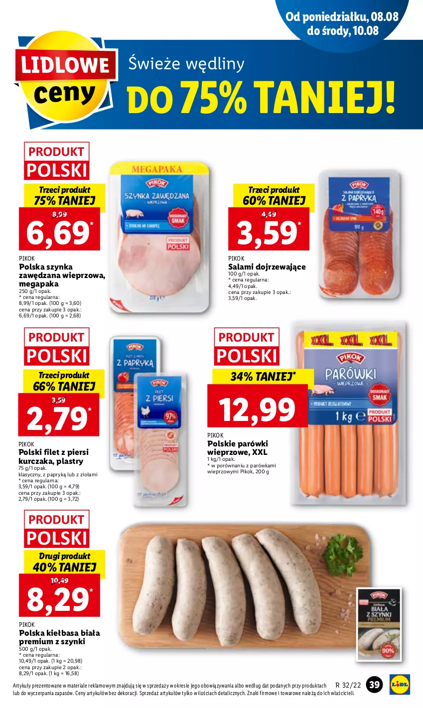 Gazetka promocyjna Lidl - GAZETKA - ważna 08.08 do 10.08.2022 - strona 41 - produkty: Filet z piersi kurczaka, Kiełbasa, Kiełbasa biała, Kurczak, Parówki, PIKOK, Por, Salami, Szynka