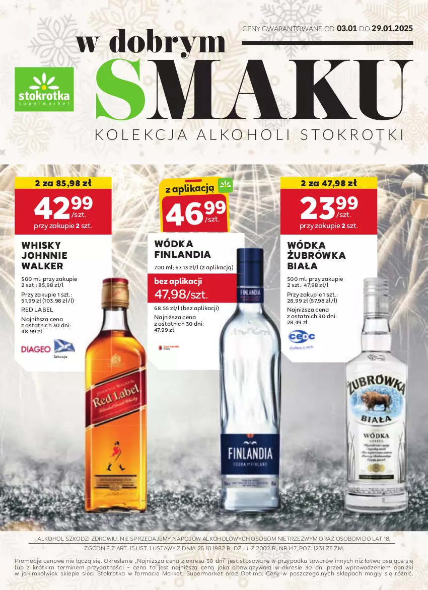 Gazetka promocyjna Stokrotka - W dobrym Smaku - ważna 03.01 do 29.01.2025 - strona 1 - produkty: Finlandia, Johnnie Walker, Koc, Optima, Whisky, Wódka