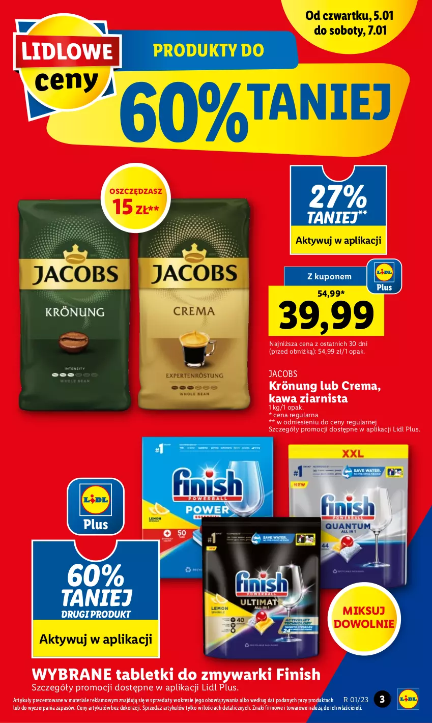 Gazetka promocyjna Lidl - GAZETKA - ważna 05.01 do 07.01.2023 - strona 3 - produkty: Finish, Jacobs, Jacobs Krönung, Kawa, Kawa ziarnista, Tablet, Tabletki do zmywarki, Zmywarki