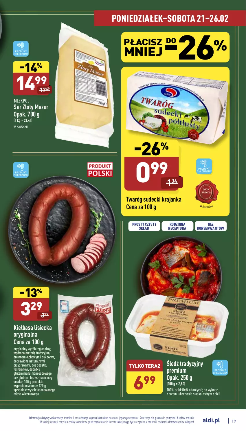 Gazetka promocyjna Aldi - Pełny katalog - ważna 21.02 do 26.02.2022 - strona 19 - produkty: Gin, Kawa, Kiełbasa, Por, Ser, Sos, Tera, Twaróg, Złoty Mazur