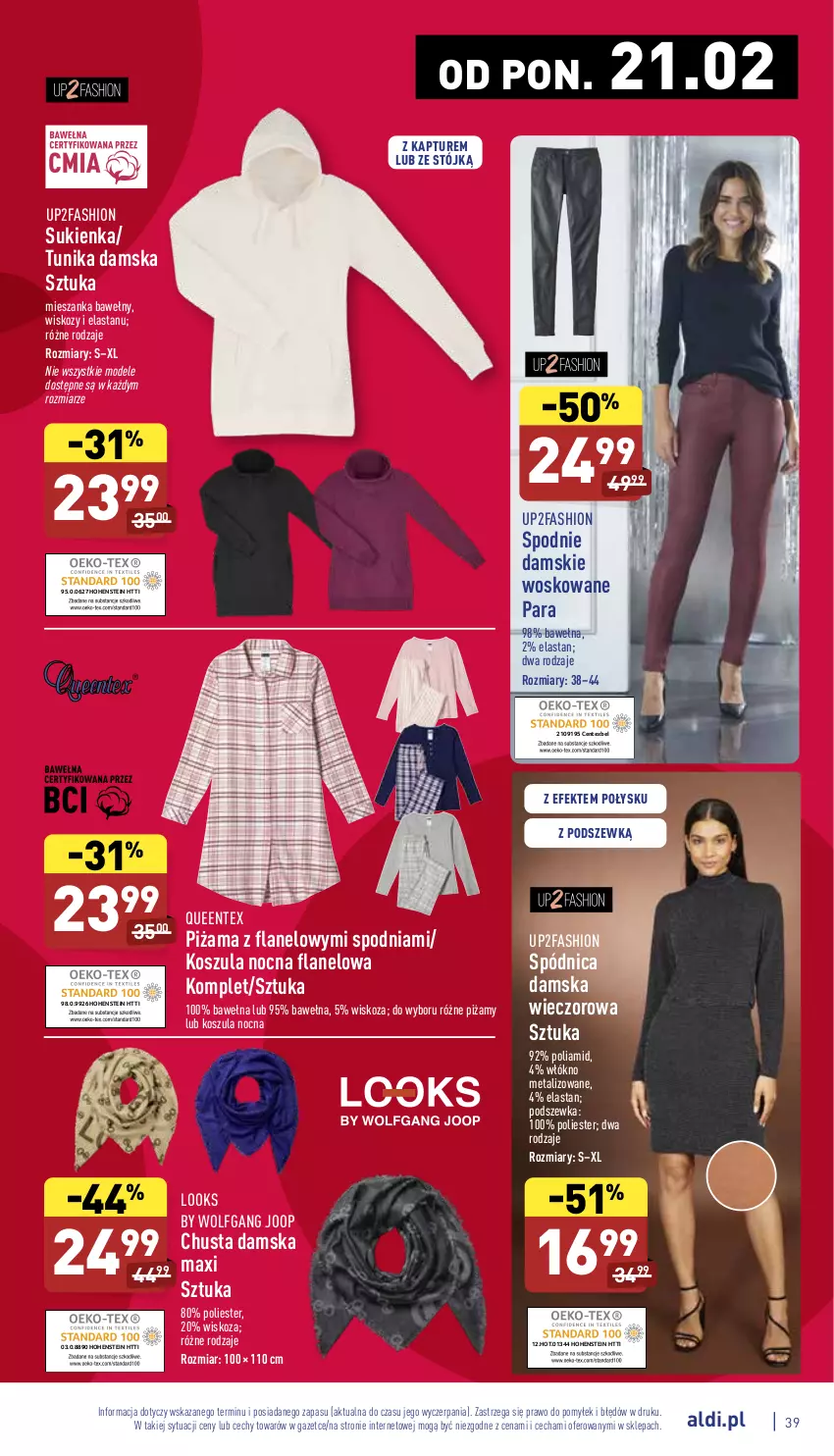 Gazetka promocyjna Aldi - Pełny katalog - ważna 21.02 do 26.02.2022 - strona 39 - produkty: Chusta, Fa, Kosz, Koszula, Koszula nocna, Piżama, Queentex, Spódnica, Spodnie, Sukienka, Tunika, Wełna