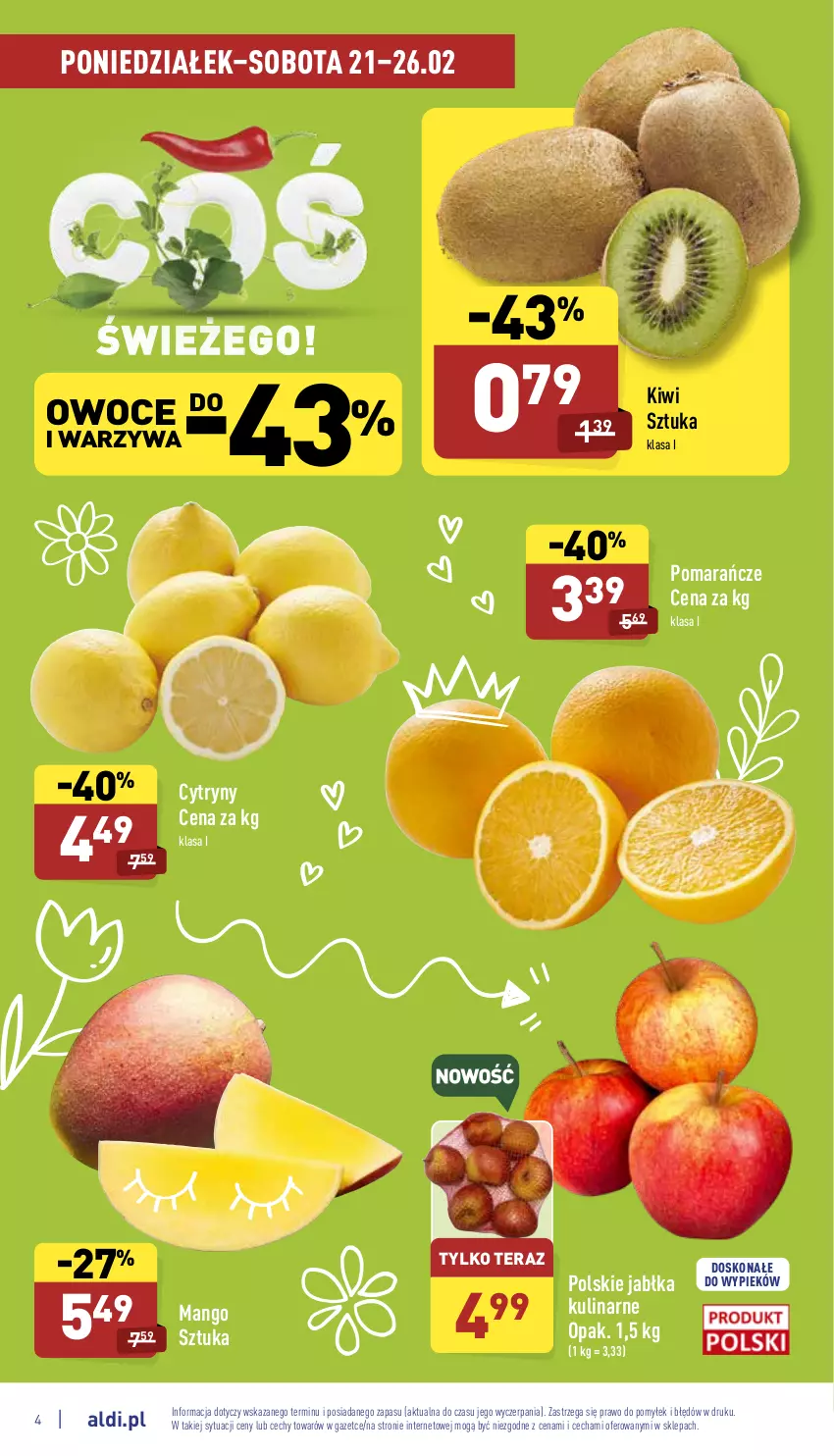 Gazetka promocyjna Aldi - Pełny katalog - ważna 21.02 do 26.02.2022 - strona 4 - produkty: Cytryny, Jabłka, Kiwi, Mango, Owoce, Pomarańcze, Tera, Warzywa