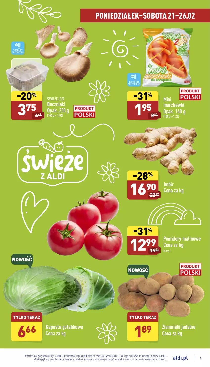 Gazetka promocyjna Aldi - Pełny katalog - ważna 21.02 do 26.02.2022 - strona 5 - produkty: Boczniak, Imbir, Pomidory, Tera, Ziemniaki