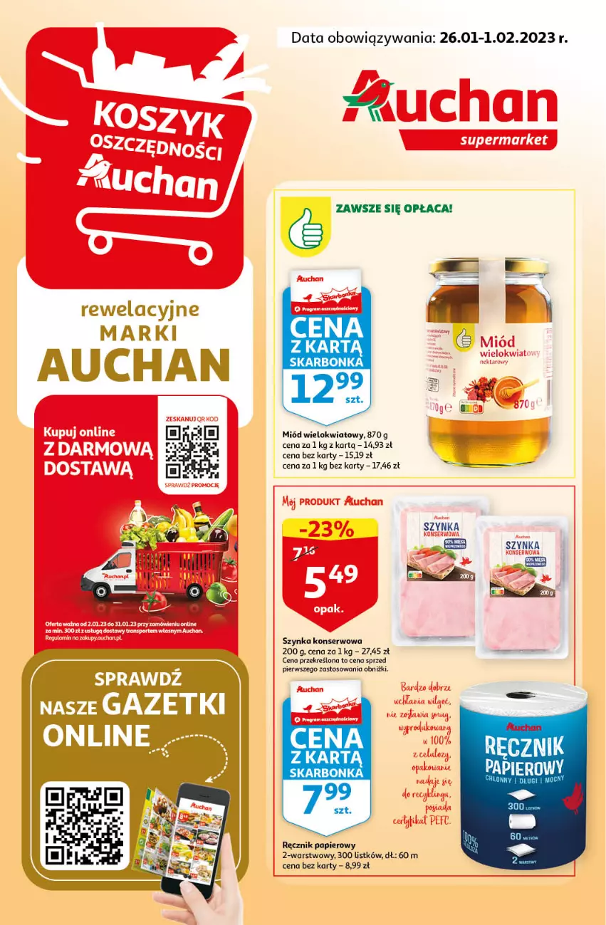 Gazetka promocyjna Auchan - Gazetka Rewelacyjne Marki Auchan Supermarket Auchan - ważna 26.01 do 01.02.2023 - strona 1 - produkty: Miód, Papier, Ręcznik, Ser, Szynka, Szynka konserwowa