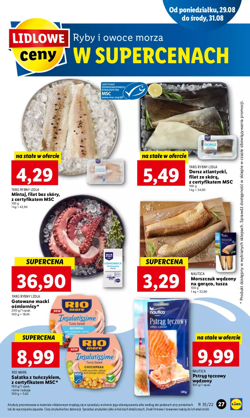 Gazetka promocyjna Lidl - GAZETKA - ważna 29.08 do 31.08.2022 - strona 31 - produkty: Dorsz, Koc, Mintaj, Owoce, Owoce morza, Pstrąg, Pstrąg tęczowy, Rio Mare, Ryby i owoce morza, Sałat, Sałatka, Tuńczyk, Tusz