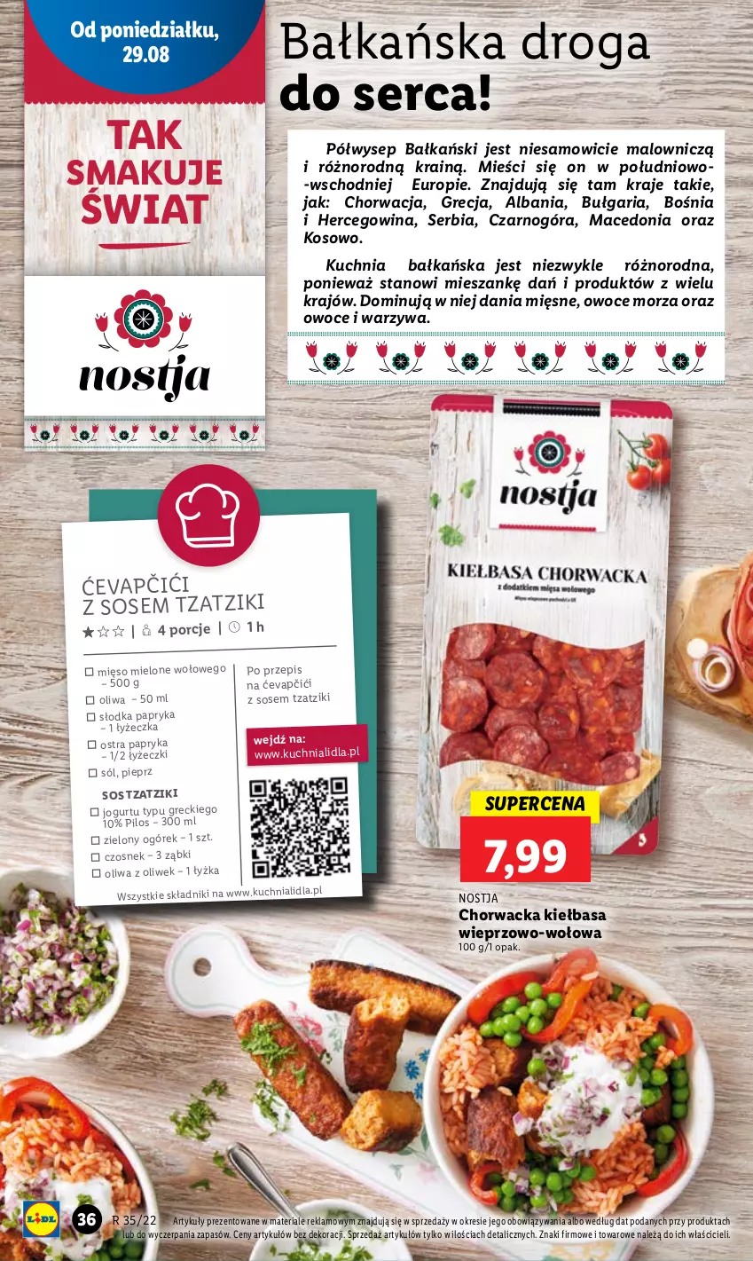 Gazetka promocyjna Lidl - GAZETKA - ważna 29.08 do 31.08.2022 - strona 40 - produkty: Czosnek, Jogurt, Kiełbasa, Kuchnia, Mięso, Mięso mielone, Ogórek, Oliwa, Oliwa z oliwek, Owoce, Owoce morza, Papryka, Pieprz, Pilos, Por, Ser, Sól, Sos, Warzywa