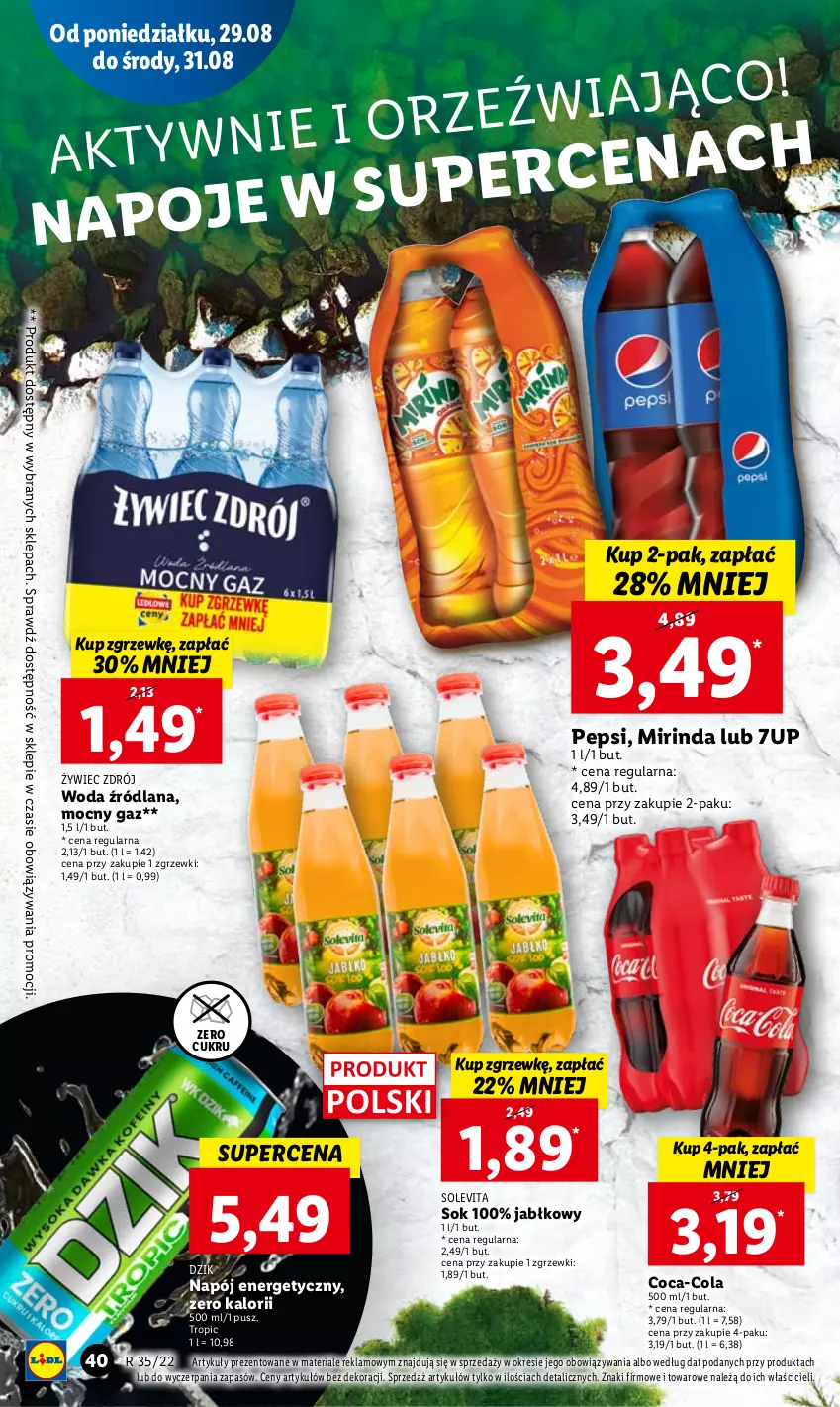 Gazetka promocyjna Lidl - GAZETKA - ważna 29.08 do 31.08.2022 - strona 44 - produkty: 7up, Coca-Cola, LANA, Mirinda, Napój, Napój energetyczny, Napoje, Pepsi, Sok, Woda