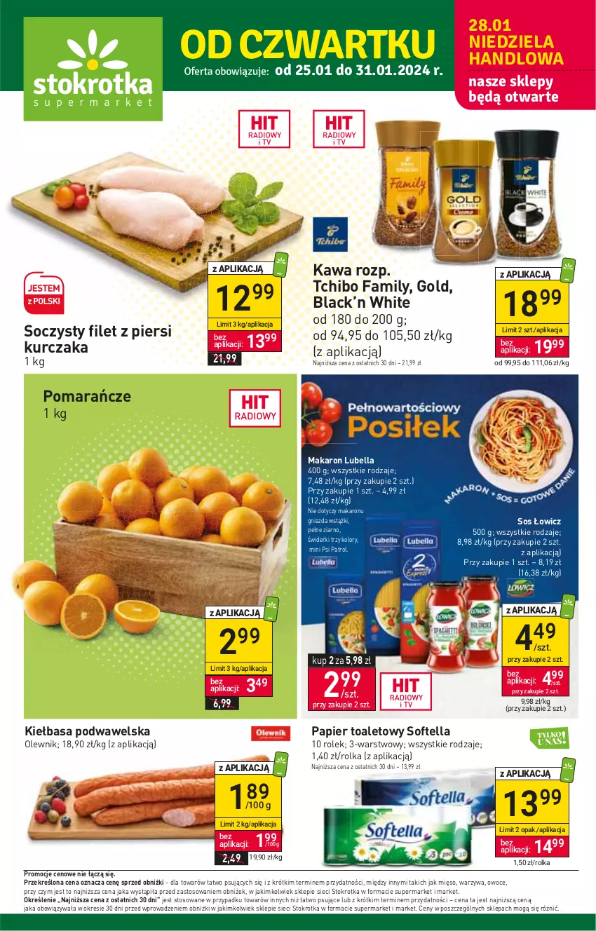 Gazetka promocyjna Stokrotka - Supermarket - ważna 25.01 do 31.01.2024 - strona 1 - produkty: Bell, Bella, Fa, Filet z piersi kurczaka, Kawa, Kiełbasa, Kiełbasa podwawelska, Kurczak, Lack, Lubella, Makaron, Mięso, Olewnik, Owoce, Papier, Papier toaletowy, Pomarańcze, Psi Patrol, Sos, Tchibo, Tchibo Family, Warzywa, Wawel