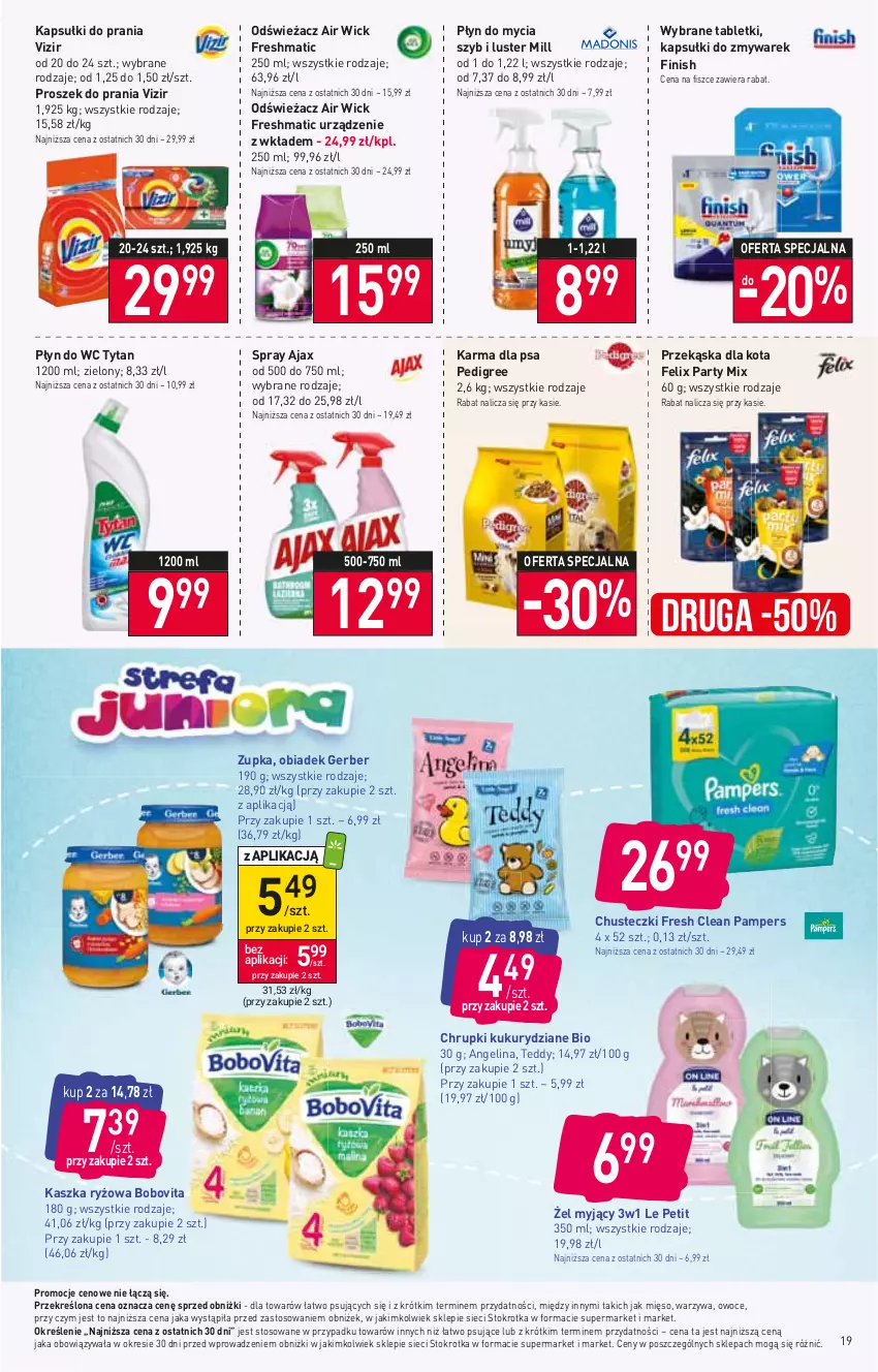 Gazetka promocyjna Stokrotka - Supermarket - ważna 25.01 do 31.01.2024 - strona 19 - produkty: Air Wick, Ajax, BoboVita, Chrupki, Chusteczki, Felix, Finish, Gerber, Kapsułki do prania, Mięso, Owoce, Pampers, Pedigree, Płyn do mycia, Płyn do wc, Proszek do prania, Ryż, Tablet, Tytan, Vizir, Warzywa