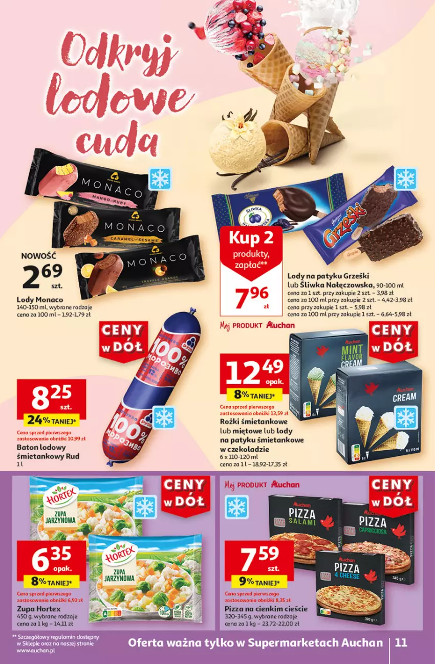 Gazetka promocyjna Auchan - Gazetka CENY W DÓŁ Supermarket Auchan - ważna 31.05 do 05.06.2024 - strona 11 - produkty: Baton, Grześki, Hortex, Lody, Pizza, Zupa