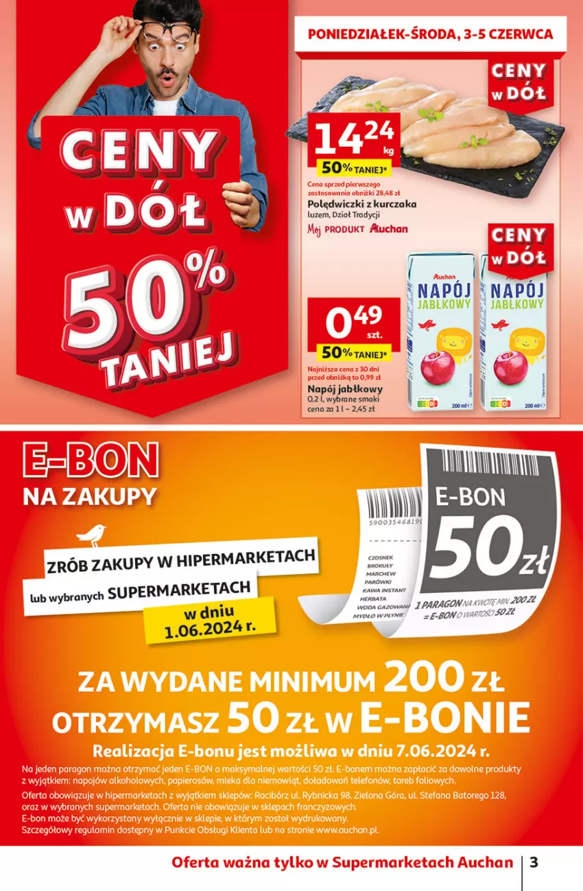 Gazetka promocyjna Auchan - Gazetka CENY W DÓŁ Supermarket Auchan - ważna 31.05 do 05.06.2024 - strona 3 - produkty: Kurczak, Mydło, Mydło w płynie, Napój, Polędwiczki z kurczaka