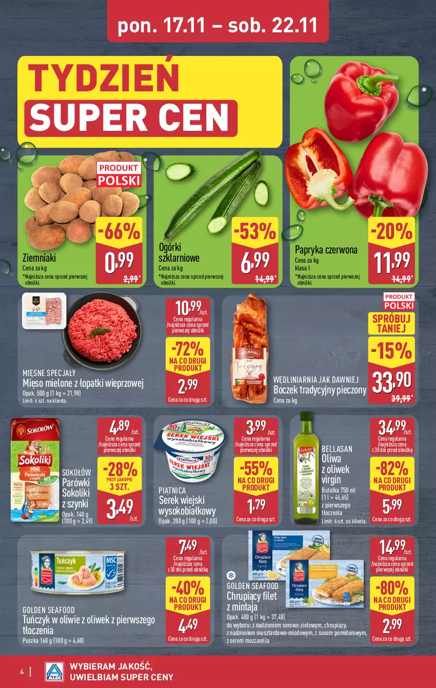 Gazetka promocyjna Aldi - Oferta weekendowa - ważna 20.11 do 22.11.2025 - strona 4 - produkty: Bell, Bella, Boczek, Filet z mintaja, Gin, Golden Seafood, Mięsne specjały, Mięso, Mięso mielone, Mięso mielone z łopatki wieprzowej, Mintaj, Mozzarella, Mus, Oliwa, Oliwa z oliwek, Papryka, Papryka czerwona, Parówki, Parówki sokoliki, Piątnica, Piec, Ser, Serek, Serek wiejski, Sok, Sokołów, Sos, Tuńczyk, Ziemniaki