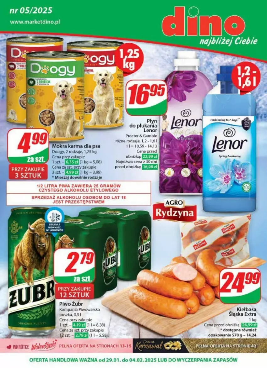 Gazetka promocyjna Dino - ważna 29.01 do 04.02.2025 - strona 1 - produkty: 7 Days, Gra, Kiełbasa, Lenor, Mokra karma, Piwa, Piwo