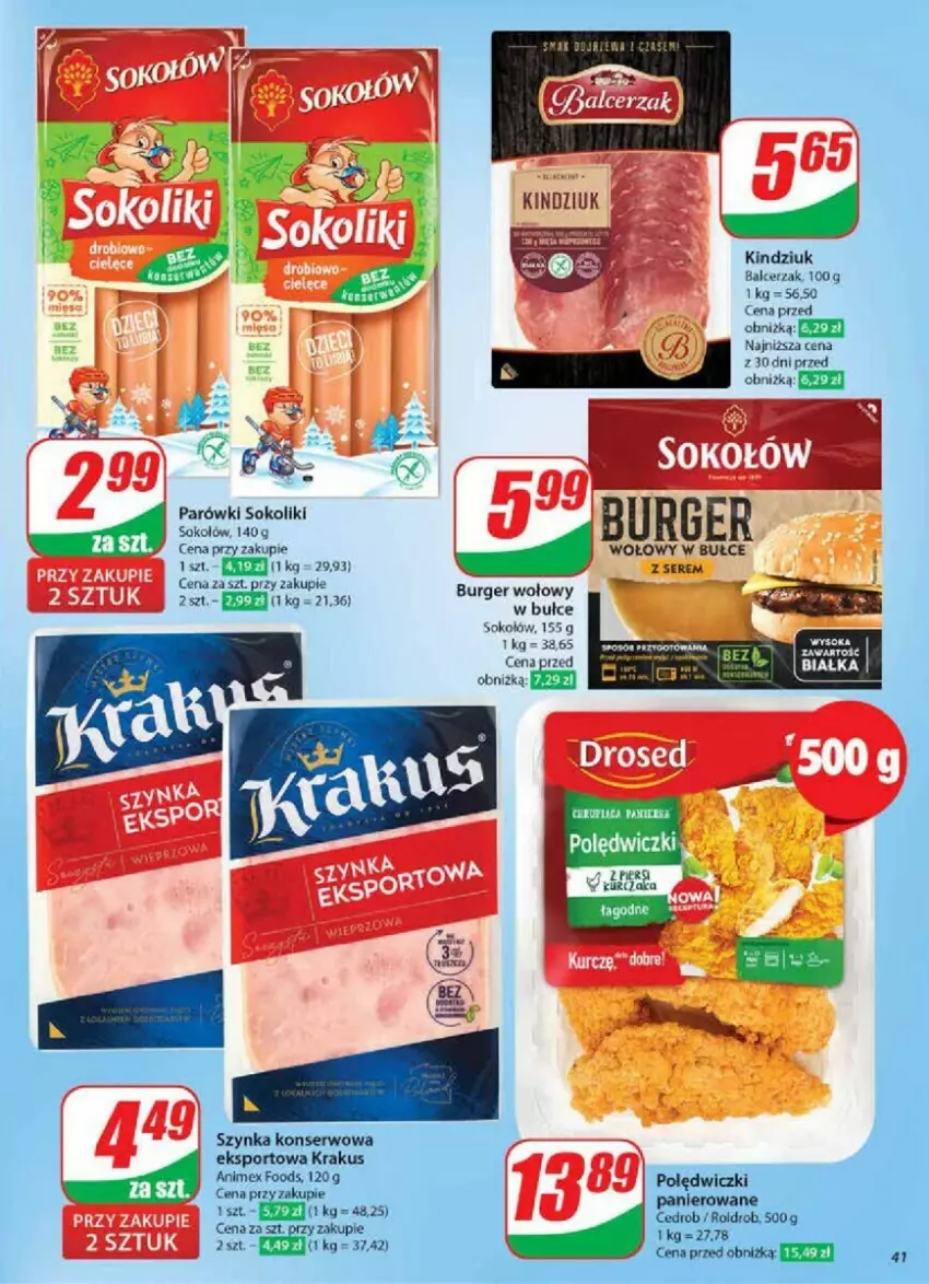 Gazetka promocyjna Dino - ważna 29.01 do 04.02.2025 - strona 36 - produkty: Burger, Kindziuk, Krakus, Parówki, Parówki sokoliki, Polędwiczki panierowane, Por, Ser, Sok, Sokołów, Sport, Szynka, Szynka konserwowa