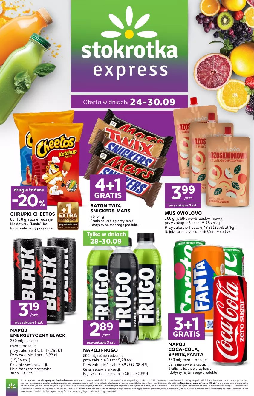 Gazetka promocyjna Stokrotka - Stokrotka Express - ważna 24.09 do 30.09.2026 - strona 1 - produkty: Baton, Cheetos, Chrupki, Coca-Cola, Fa, Fanta, Gra, Lack, Mars, Mięso, Mus, Napój, Napój energetyczny, Owoce, Snickers, Sprite, Twix, Warzywa