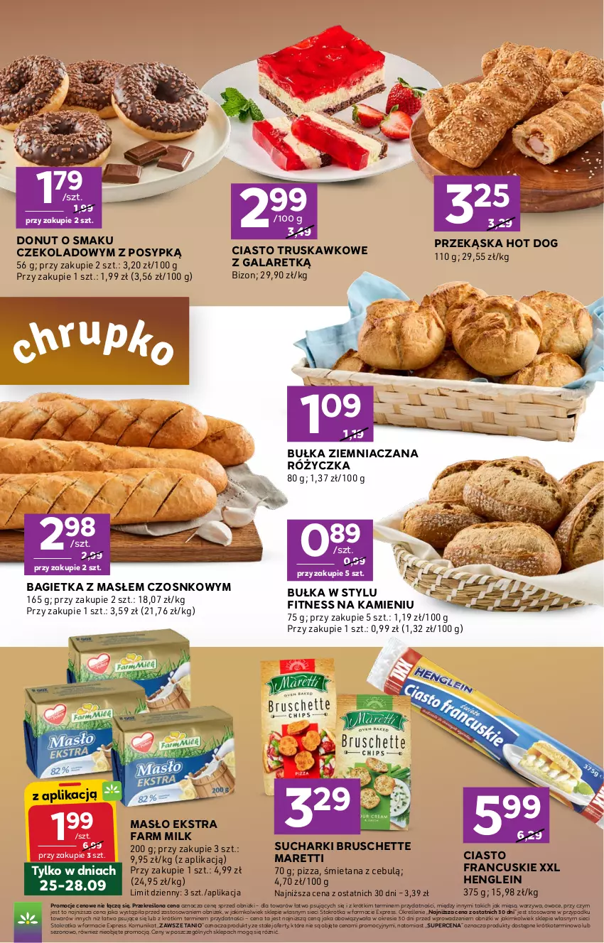 Gazetka promocyjna Stokrotka - Stokrotka Express - ważna 24.09 do 30.09.2026 - strona 3 - produkty: Bagietka, Bruschette, Bułka, Ciasto francuskie, Donut, Fa, Farm Milk, Gala, Hot dog, Masło, Mięso, Owoce, Pizza, Warzywa