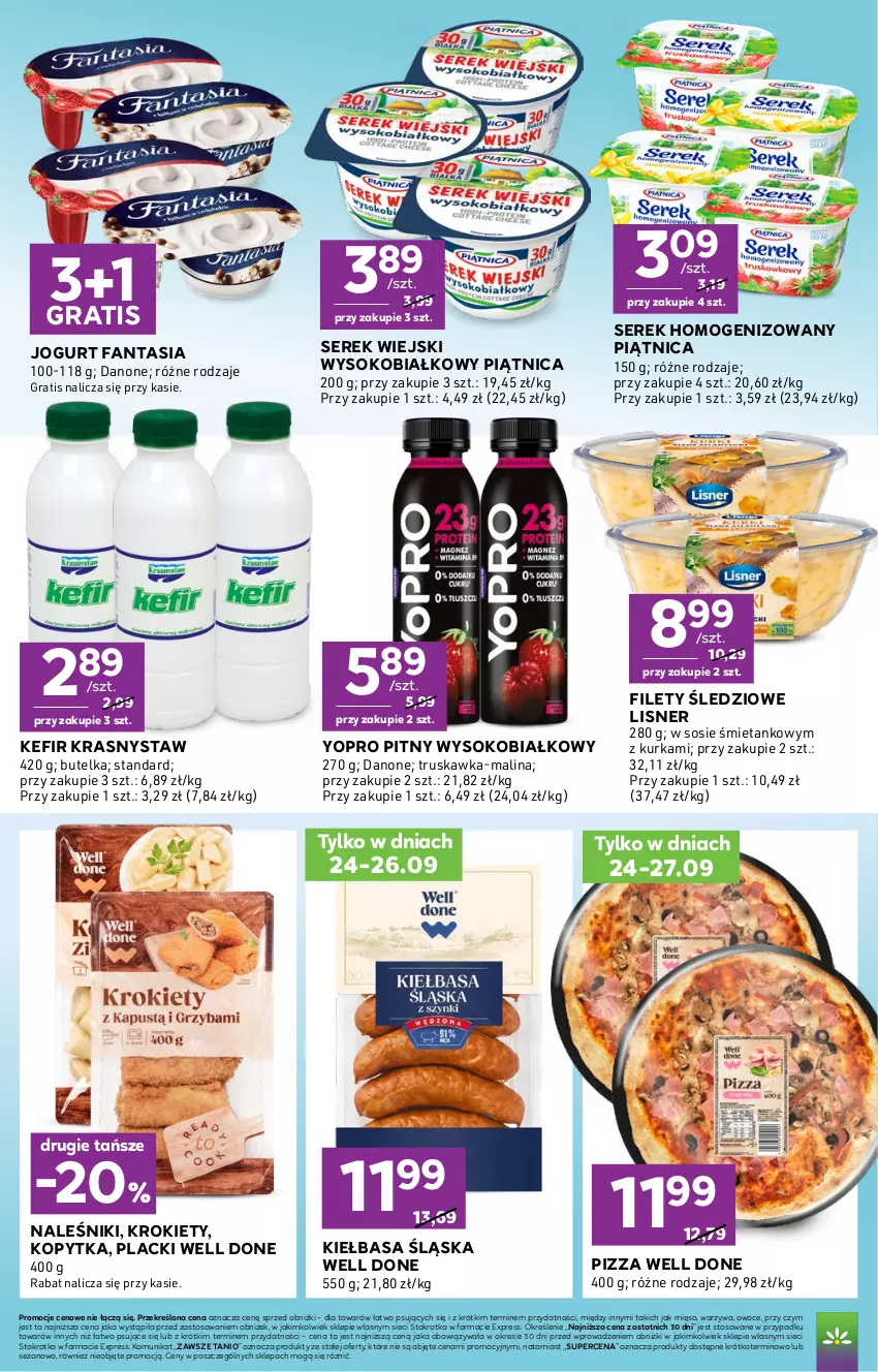 Gazetka promocyjna Stokrotka - Stokrotka Express - ważna 24.09 do 30.09.2026 - strona 4 - produkty: Danone, Fa, Fanta, Gra, Jogurt, Kefir, Kiełbasa, Kiełbasa śląska, Kopytka, Krokiety, Lack, Lisner, Mięso, Naleśniki, Owoce, Piątnica, Pizza, Ser, Serek, Serek homogenizowany, Serek wiejski, Sok, Sos, Warzywa