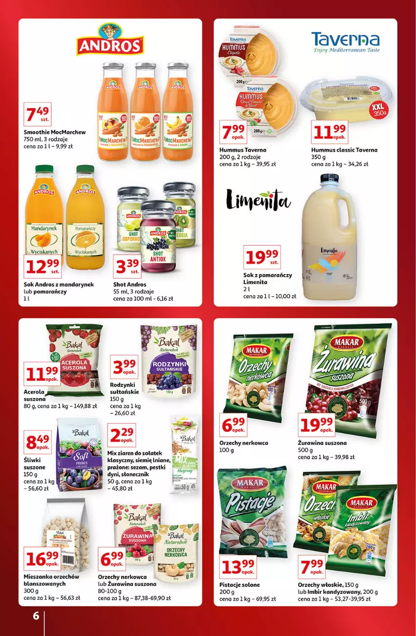 Gazetka promocyjna Auchan - Gazetka Znane Marki Lubiane Auchan - ważna 01.12 do 11.12.2022 - strona 6 - produkty: Hummus, Imbir, Mus, Orzechy włoskie, Pistacje, Rodzynki, Sałat, Sezam, Smoothie, Sok, Szal