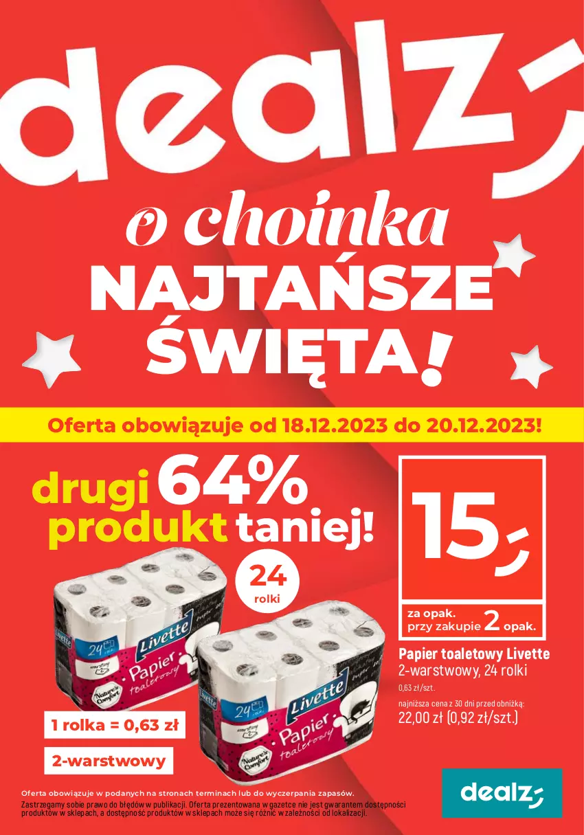 Gazetka promocyjna Dealz - NAJTAŃSZE ŚWIĘTA! - ważna 18.12 do 20.12.2023 - strona 1 - produkty: Papier, Papier toaletowy, Rolki