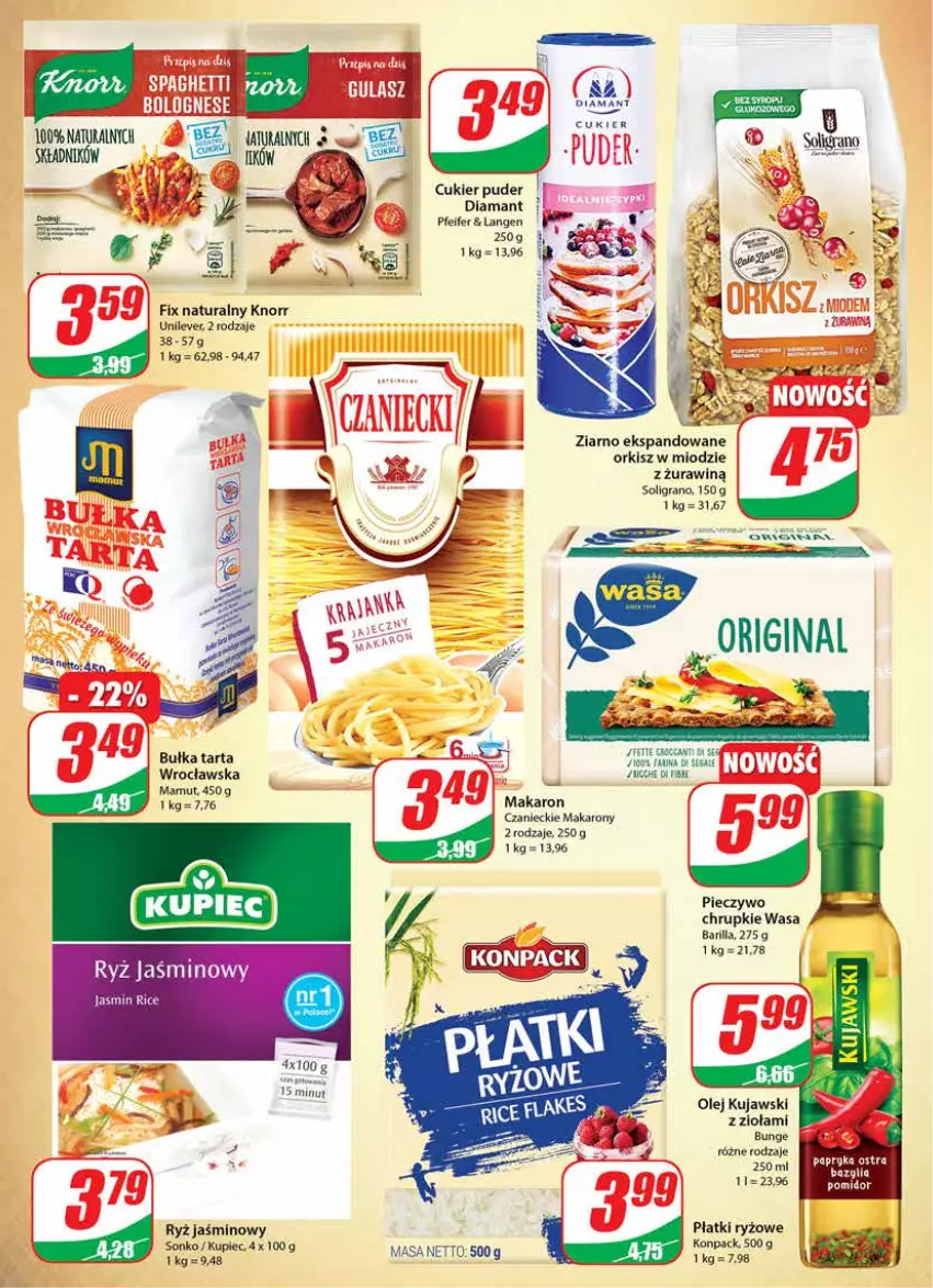 Gazetka promocyjna Dino - Gazetka - ważna 30.03 do 05.04.2022 - strona 9 - produkty: Barilla, Bazyl, Bazylia, Bułka, Bułka tarta, Chrupki, Cukier, Cukier puder, Diamant, Fa, Gra, Knorr, Kujawski, Kupiec, Makaron, Olej, Papryka, Piec, Pieczywo, Pieczywo chrupkie, Płatki ryżowe, Puder, Ryż, Soligrano, Sonko, Tarta, Wasa