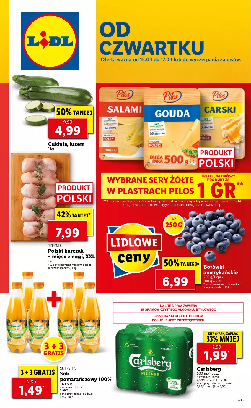 Gazetka promocyjna Lidl - GAZETKA - ważna 15.04 do 17.04.2021 - strona 1 - produkty: Borówka, Carlsberg, Gra, Kurczak, Mięso, Pilos, Piwa, Por, Ser, Sok, Sok pomarańczowy