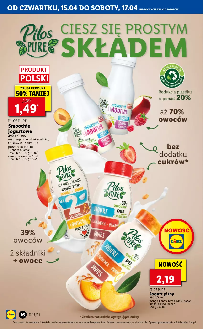 Gazetka promocyjna Lidl - GAZETKA - ważna 15.04 do 17.04.2021 - strona 16 - produkty: Jogurt, Jogurt pitny, Mango, Pilos, Por, Pur, Smoothie