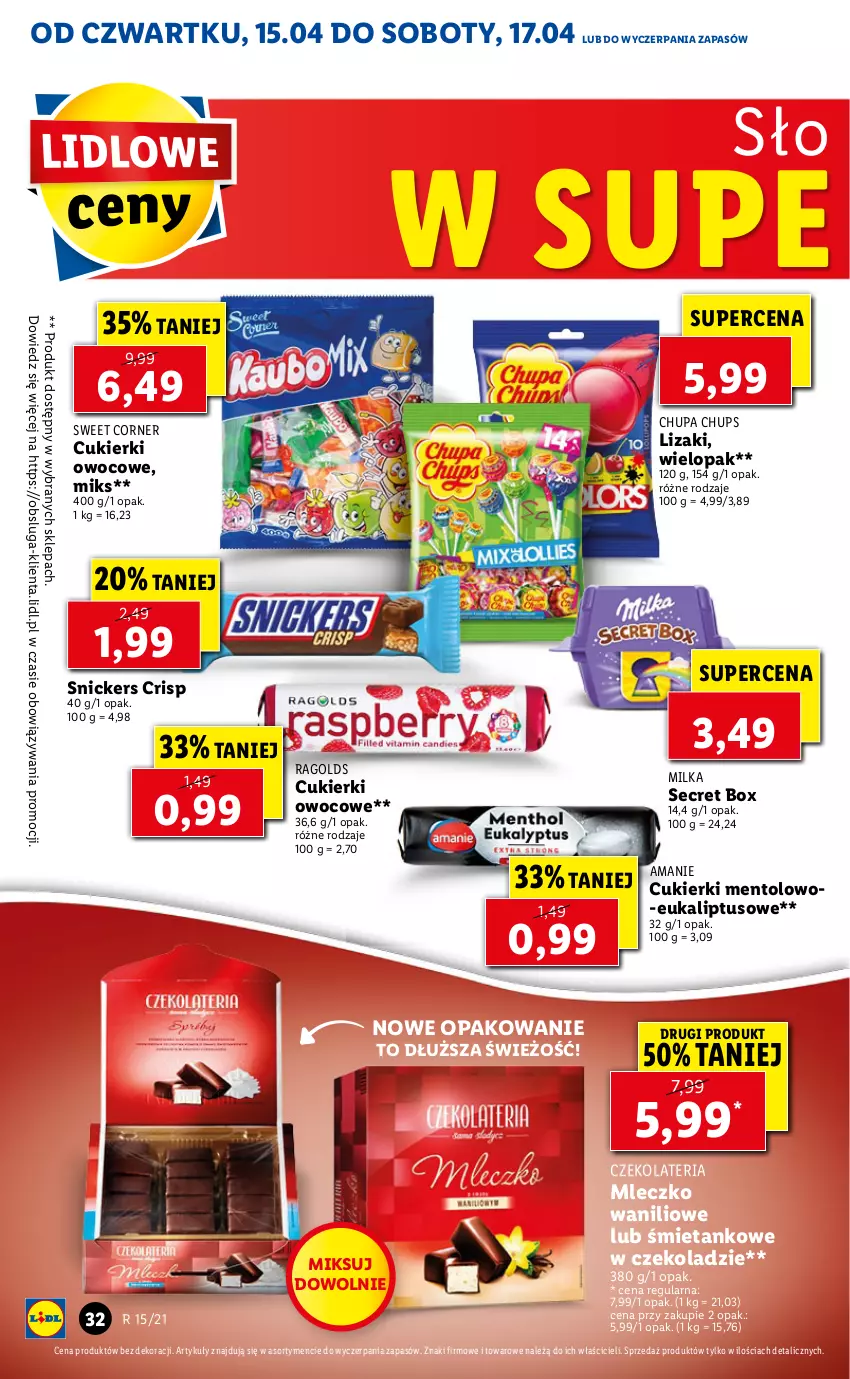 Gazetka promocyjna Lidl - GAZETKA - ważna 15.04 do 17.04.2021 - strona 32 - produkty: Chupa Chups, Cukier, Cukierki, Lizaki, Milka, Mleczko, Snickers