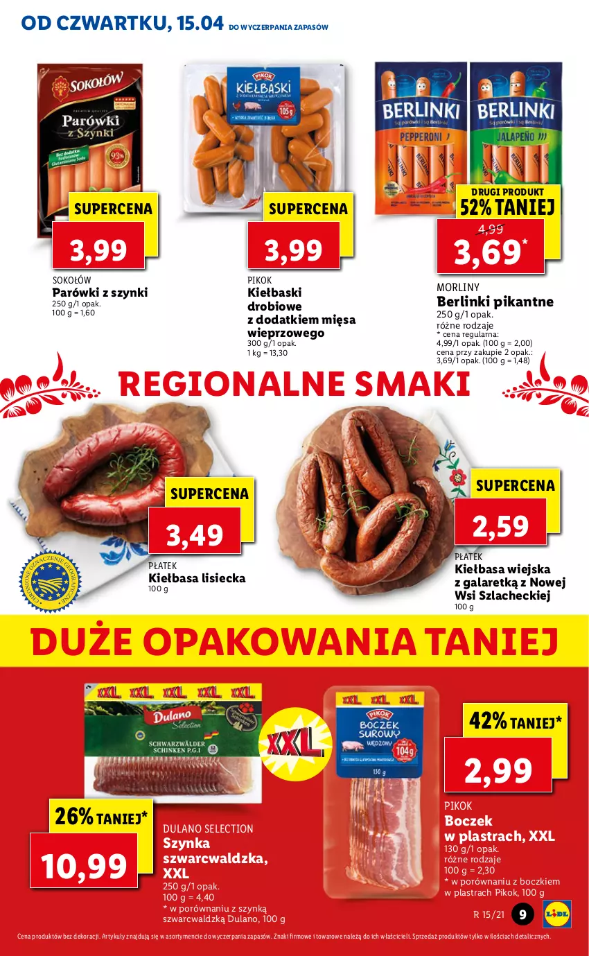 Gazetka promocyjna Lidl - GAZETKA - ważna 15.04 do 17.04.2021 - strona 9 - produkty: Berlinki, Boczek, Dulano, Gala, Kiełbasa, Kiełbasa wiejska, Morliny, Parówki, Parówki z szynki, PIKOK, Por, Sok, Sokołów, Szynka