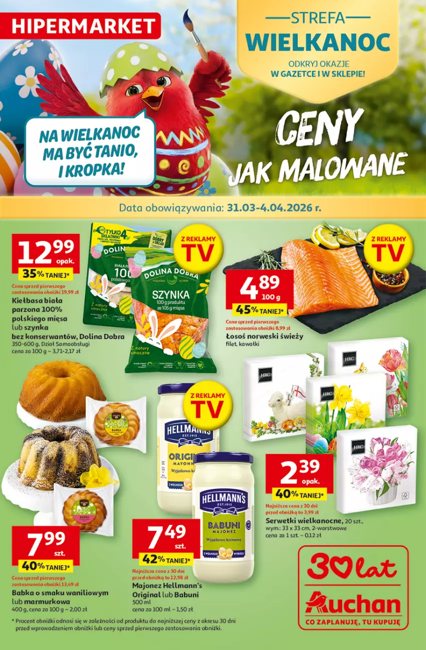 Gazetka promocyjna Auchan - 30 Lat Hipermarket - ważna 31.03 do 04.04.2026 - strona 1 - produkty: Babka, Babuni, Fa, Gin, Kawa, Majonez, Ser, Serwetki, Szynka