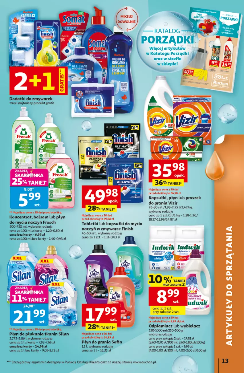 Gazetka promocyjna Auchan - 30 Lat Hipermarket - ważna 31.03 do 04.04.2026 - strona 13 - produkty: Do mycia naczyń, Finish, Frosch, Gra, Kapsułki do mycia naczyń, Odplamiacz, Płyn do mycia, Płyn do mycia naczyń, Płyn do płukania, Płyn do prania, Proszek do prania, Tablet, Vizir