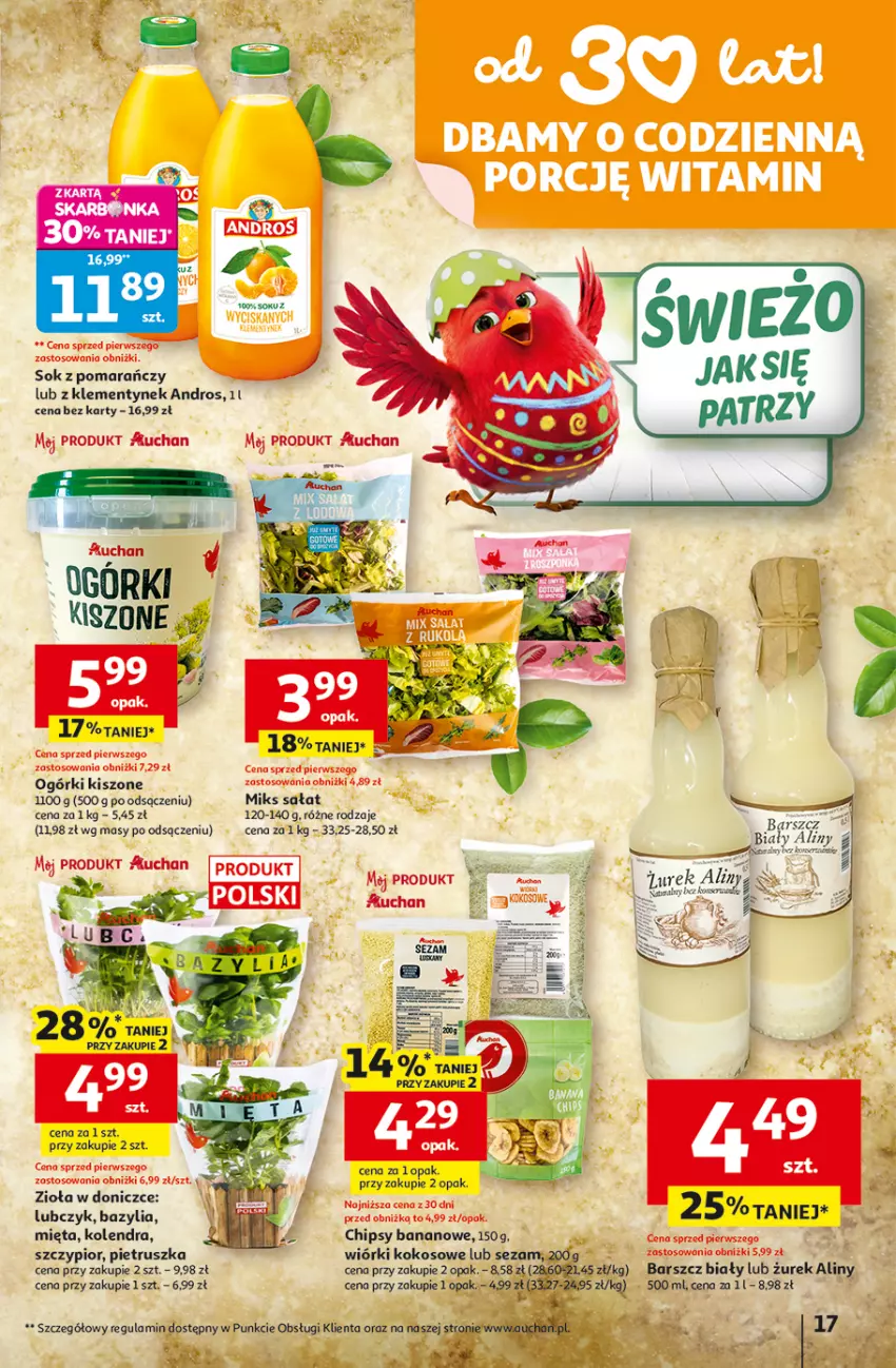 Gazetka promocyjna Auchan - 30 Lat Hipermarket - ważna 31.03 do 04.04.2026 - strona 17 - produkty: Bazyl, Bazylia, Chipsy, Kokos, Kolendra, Mięta, Mus, Pietruszka, Sałat, Sezam, Sok, Wiórki kokosowe, Zioła w doniczce