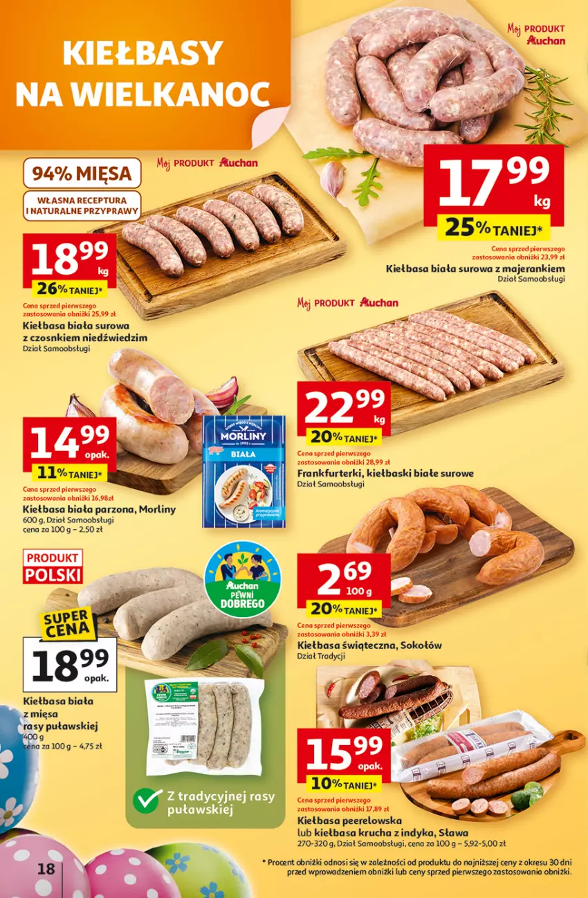 Gazetka promocyjna Auchan - 30 Lat Hipermarket - ważna 31.03 do 04.04.2026 - strona 18 - produkty: Frankfurterki, Kiełbasa, Kiełbasa biała, Kiełbasa krucha, Kiełbaski białe, Morliny, Przyprawy, Sok, Sokołów