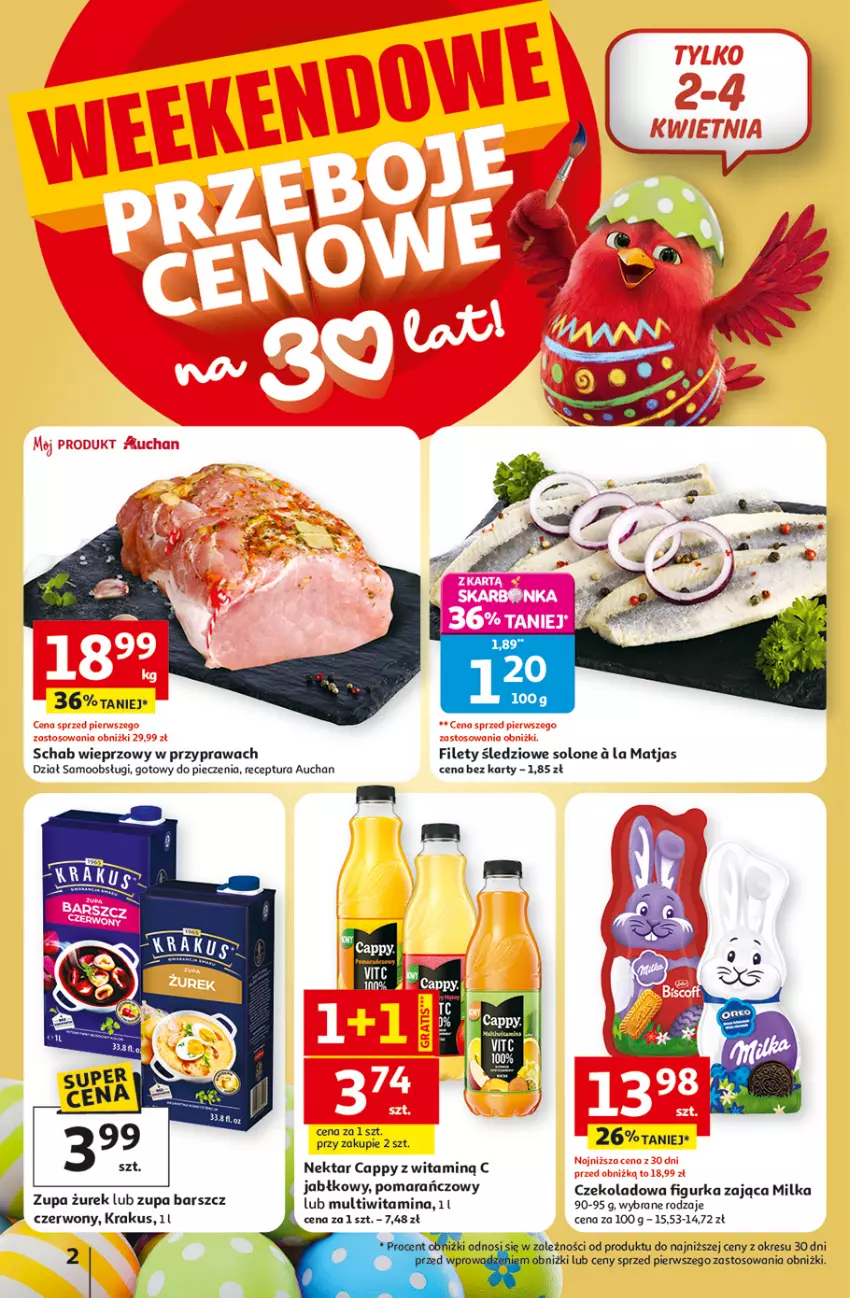 Gazetka promocyjna Auchan - 30 Lat Hipermarket - ważna 31.03 do 04.04.2026 - strona 2 - produkty: Cappy, Krakus, Matjas, Milka, Nektar, Piec, Schab wieprzowy, Zupa