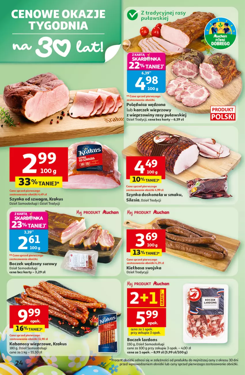 Gazetka promocyjna Auchan - 30 Lat Hipermarket - ważna 31.03 do 04.04.2026 - strona 24 - produkty: Boczek, Gra, Kabanos, Kiełbasa, Krakus, Polędwica, Szynka