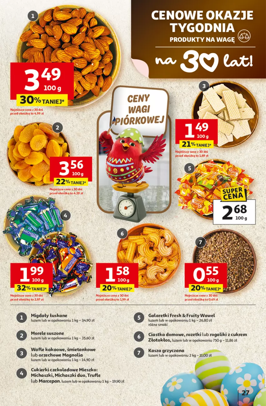 Gazetka promocyjna Auchan - 30 Lat Hipermarket - ważna 31.03 do 04.04.2026 - strona 27 - produkty: Ciastka, Cukier, Cukierki, Cukierki czekoladowe, Gala, Galaretki, Kakao, Kasza, Migdały, Migdały łuskane, Rogal, Wafle, Wawel